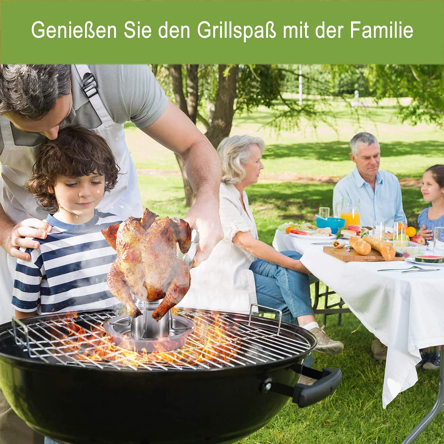 AMOZO Hähnchenbräter - Das Neue Edelstahl Hähnchenhalter - Bierdose Hähnchengriller - Geflügelbräter mit Aromabehälter (1)