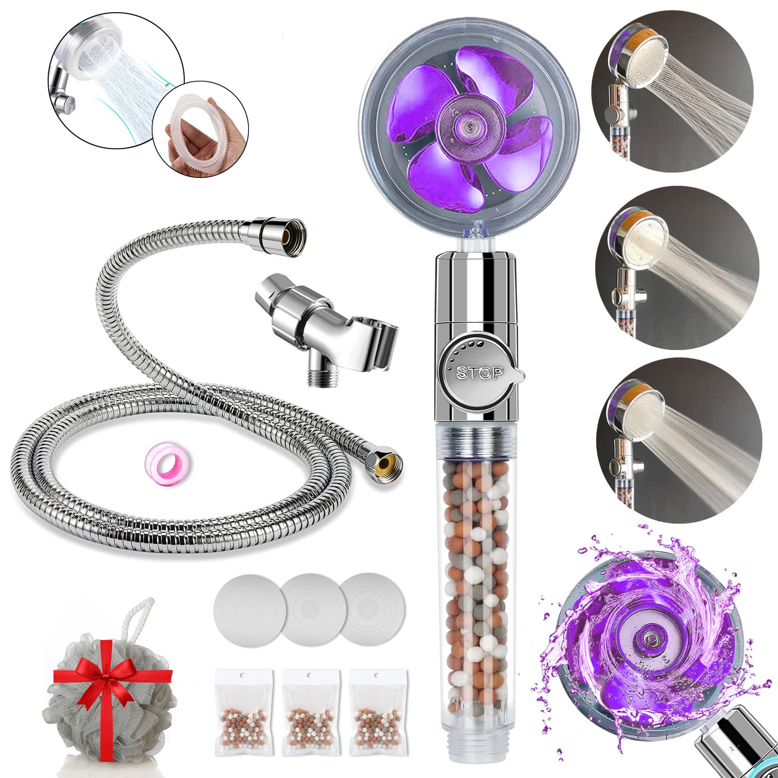 Cabezal de ducha turboalimentado Hydro Jet de alta presión con cuentas de filtro, kit de ducha turbo de mano con manguera de acero inoxidable, soportes de pared y superior, color morado