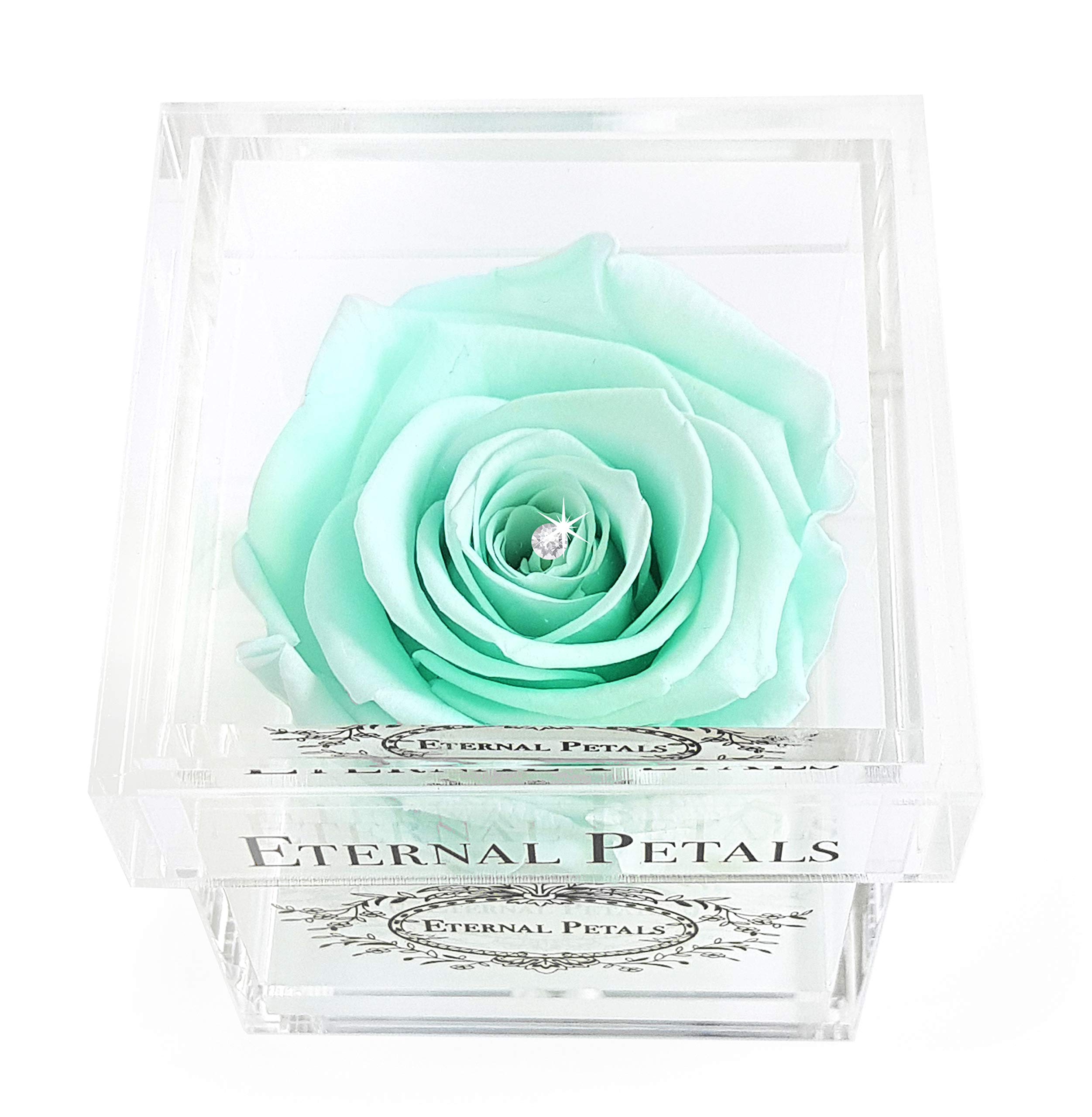 A 100% Real Rose That Lasts Years - Eternal Petals, Handmade in UK – White Gold Solo with A Clear Crystal (Mint)