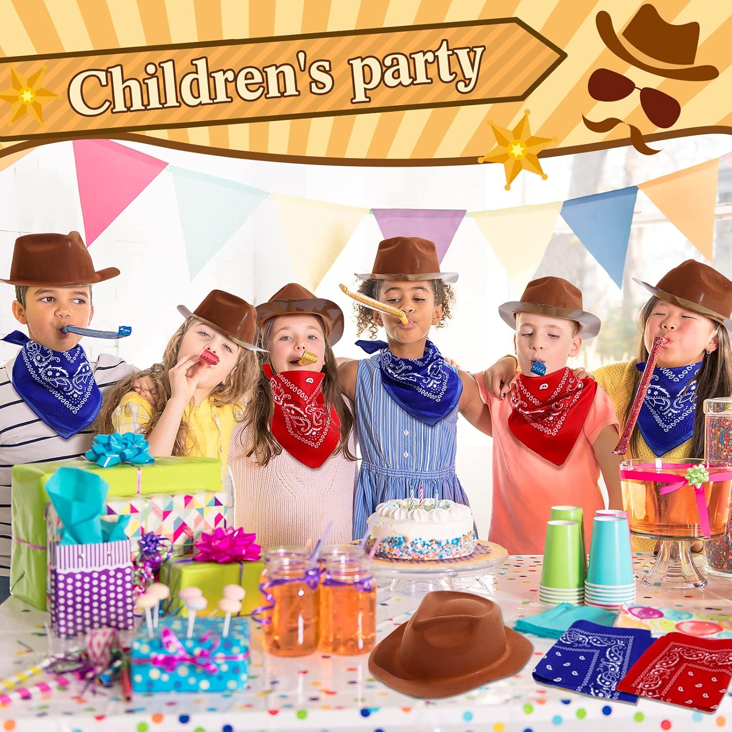 Haysandy 24 Pieces Western Cowboy Hat Set, Felt Cowboy Themed Party Hats with Paisley Bandanas for Kids Costume Party(Brown, Red, Blue) - Image 4