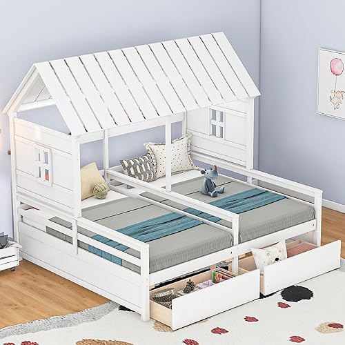 KLMM Double Twin Size House Platform Beds with Two Drawers, Wooden Bed Frame with Roof and Window, Bedroom Furniture, Can be Decorated Tent (White-Double Twin)