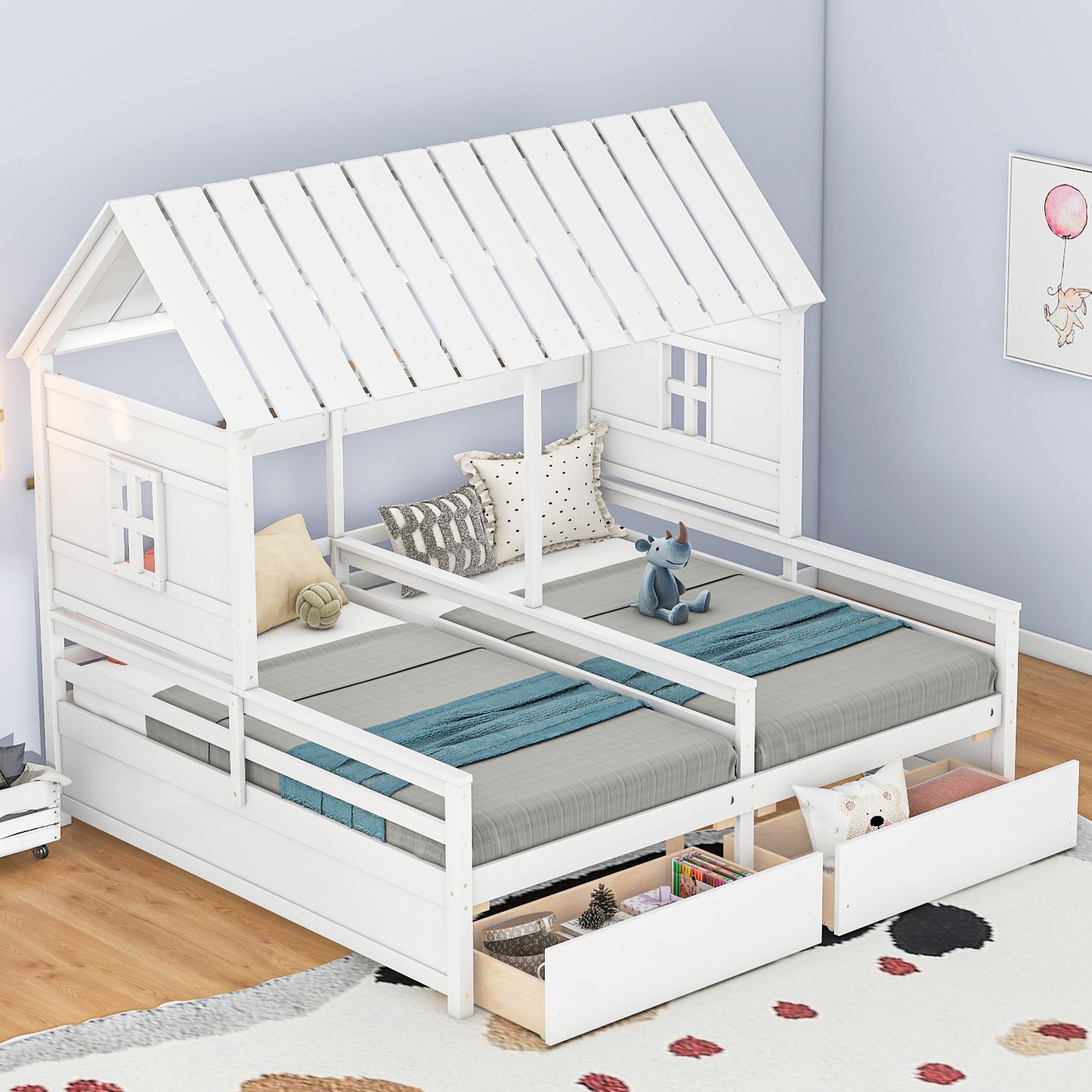 Double Shared Bed, Twin Size House Platform Beds with Two Drawers for Boy and Girl Shared Beds, Combination of 2 Side by Side Twin Size Beds, Easy Assembly, No Box Spring Needed (White)