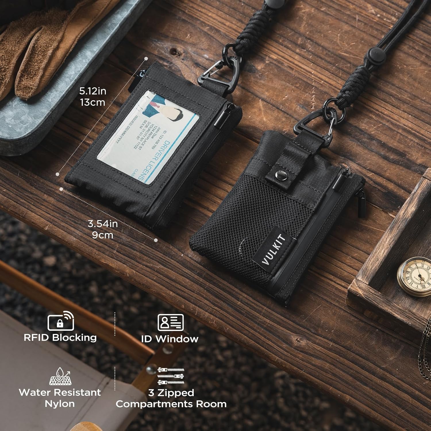 VULKIT Small Minimalist Wallet for Women and Men RFID Blocking, Zipper Coin Pouch with ID Window and Keychain, Water Resistant Nylon Travel Lanyard Wallet Black - Image 3