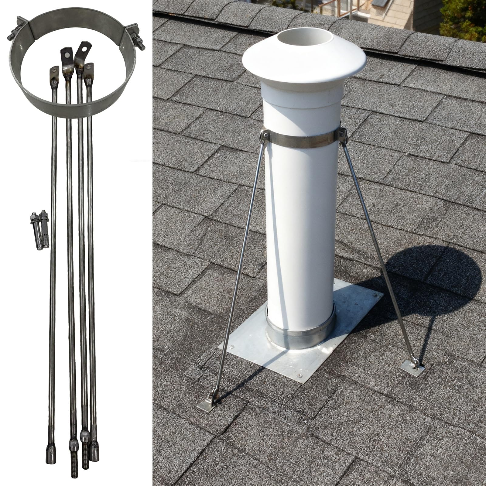 Soporte de chimenea de techo extendido en acero inoxidable con abrazadera y patas ajustables