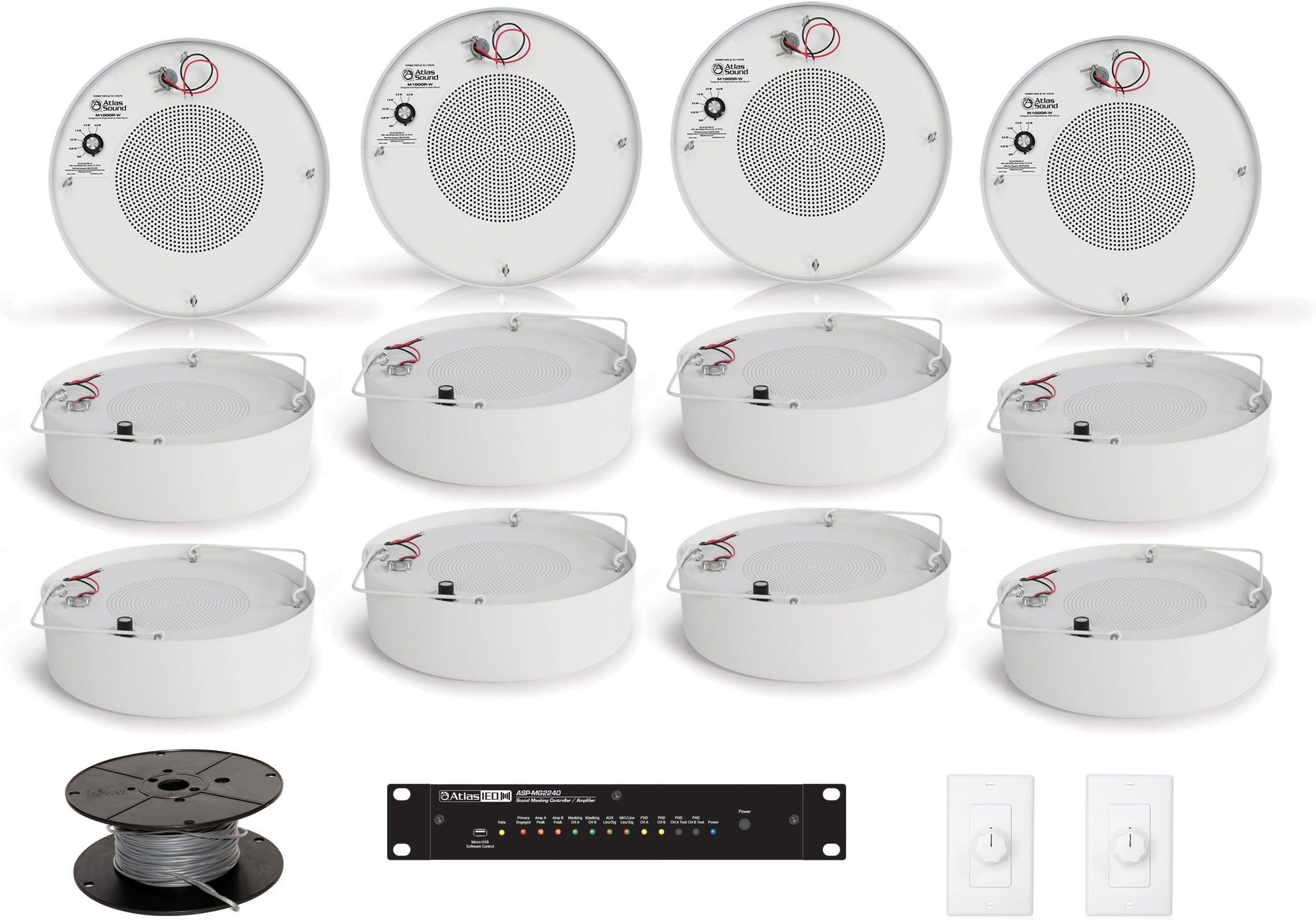 Atlas Sound M1000R 8 Inch Speaker Bundle with Atlas Sound ASP-MG2240 Amplified Sound Masking DSP and Speaker Wire - Sound Masking System (16 Items)
