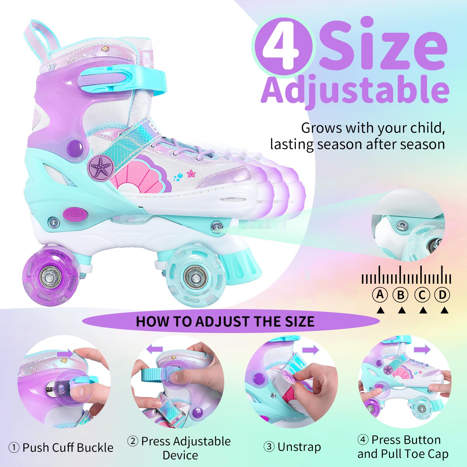BELEEV Patins à roulettes 4 Taille Réglable, Skate Enfants avec 8 Roues LED Lumineuses et Lacets, Sûrs Amusants, Cadeau d'anniversaire et de Noël pour Adolescents Débutants Filles Garçons - Purple L