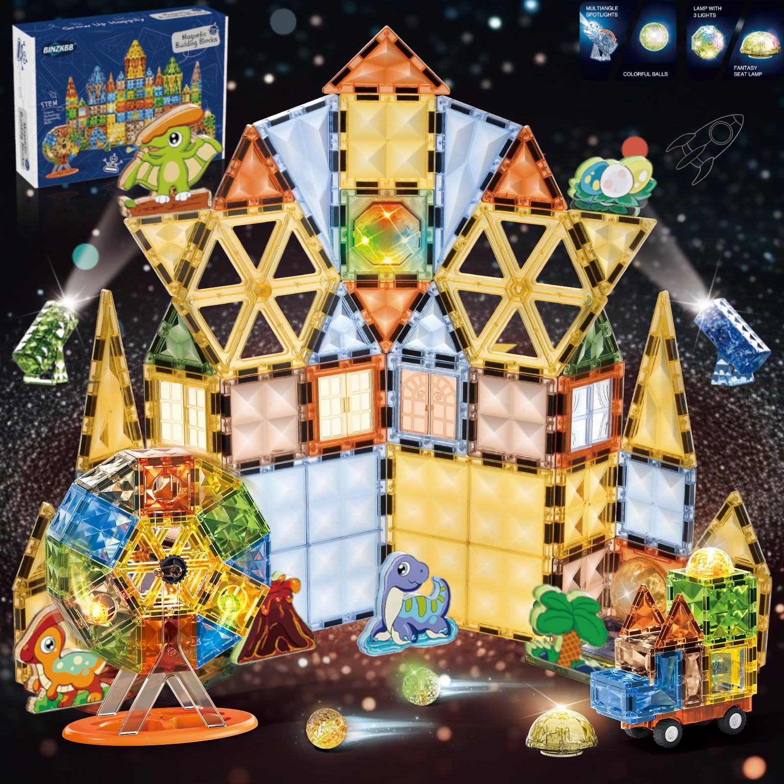 110PCS Magnetic Tiles Toys,Clear 3D Lighted Magnetic Building Blocks Educational Construction Set,Creativity Learning Magnet Dinosaur Toys for Kids Ages 3 4 5 6 7 8+ Year Old Boys Girls Toddlers