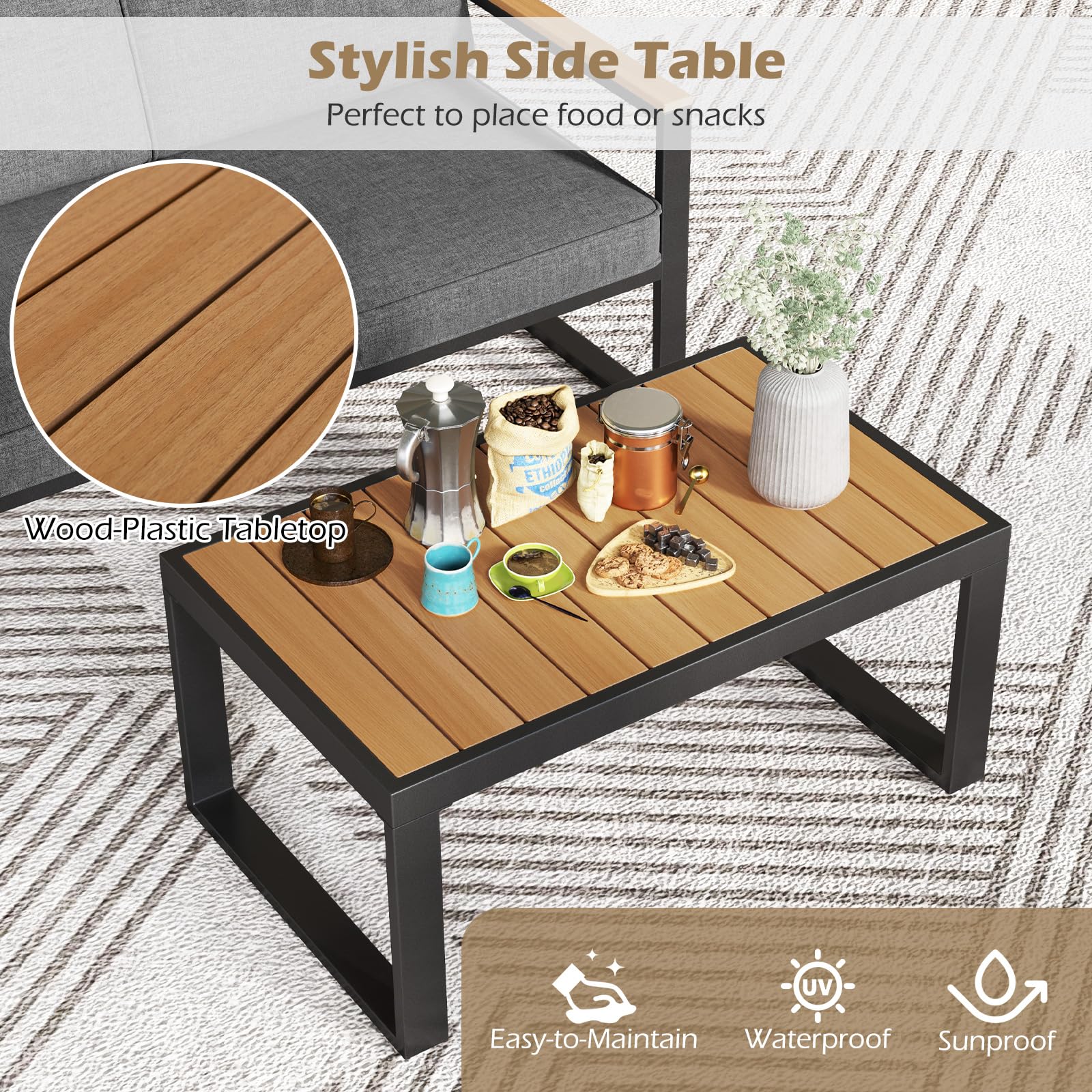 GIANTEX Set di mobili da giardino da balcone, resistente alle intemperie, con telaio in alluminio, set da 2 posti, divano e tavolino da caffè, con cuscino, set da balcone per 2 persone, set da