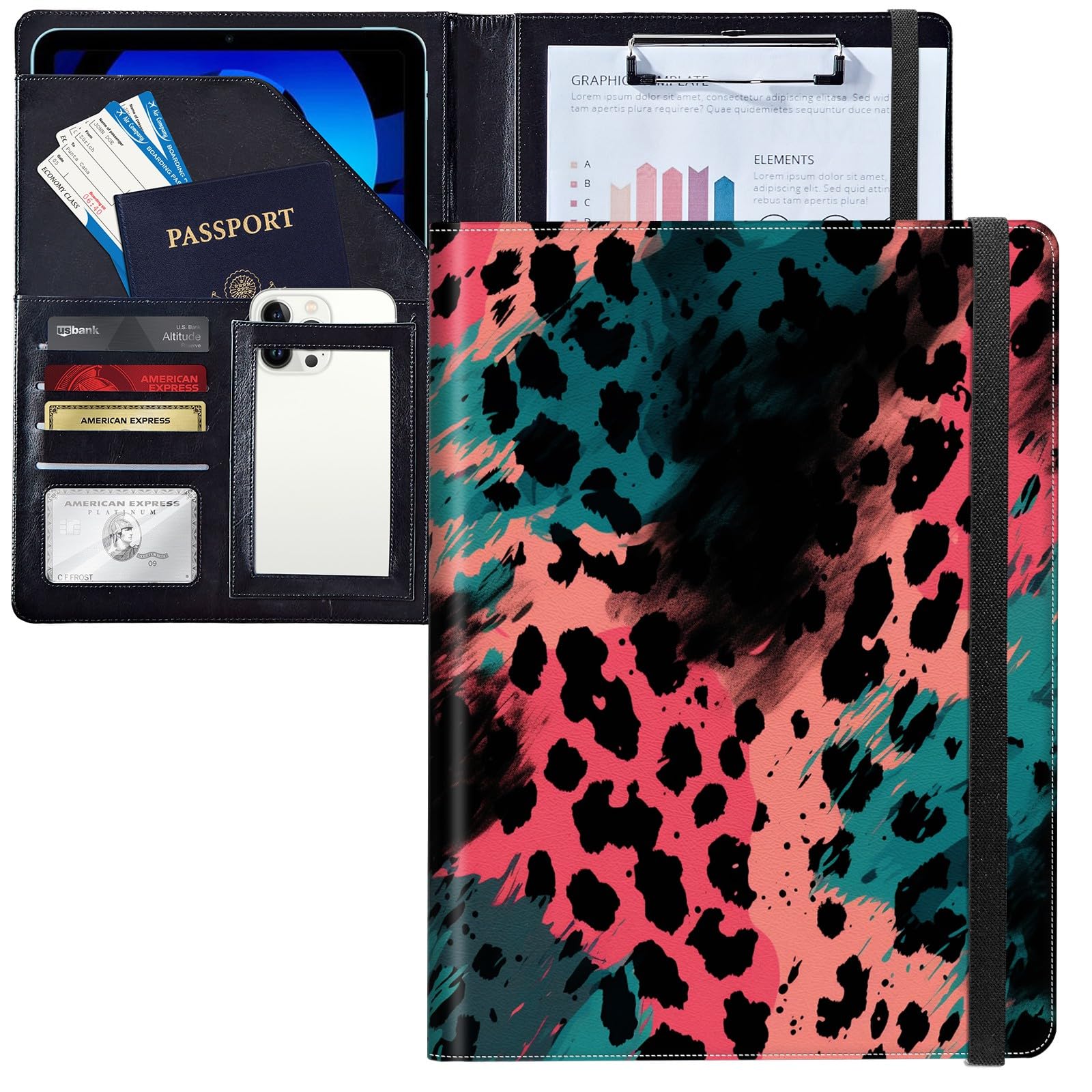 JANENFNA Pink Black Blue Leopard Padfolio Portfolio Leather Binder, Resume Portfolio Folder with Elastic Band, Conference/Legal Document Organizer with A4 Size Clipboard, 4 Card Holder