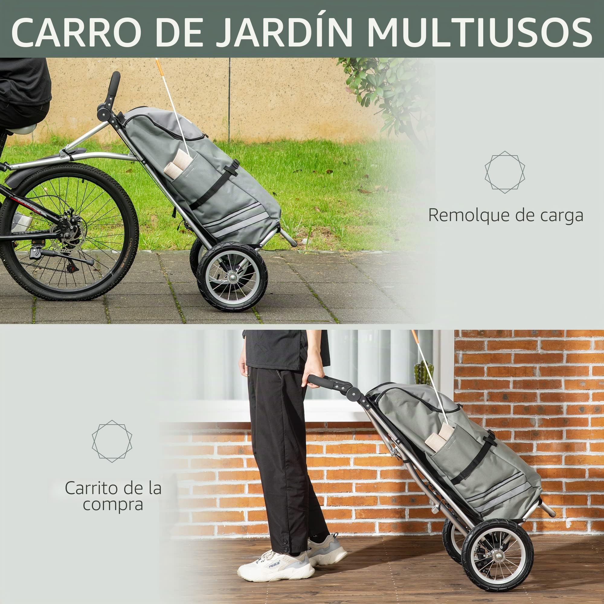 HOMCOM Remolque de Carga 2 en 1 Carro de la Compra para Carrito de la Compra Remolque para Bicicletas Remolque de Transporte con Abrazaderas de conexión para Acoplamiento de Bicicletas 24,3 kg máx 55