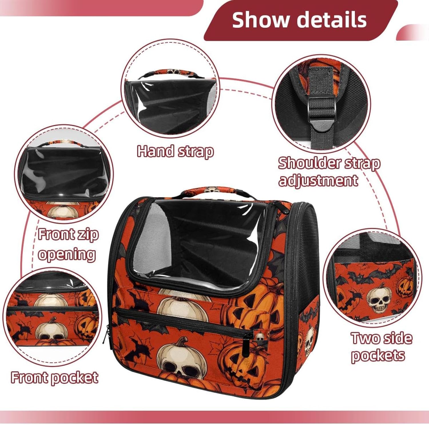 Portable Travel pet Backpack Carrier Hamster Bag Small Dog cat Carrier Breathable Hang Bag, Halloween Skulls Pumpkins Bats