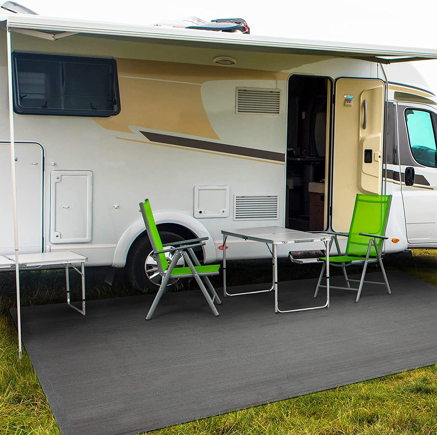 Floordirekt Camping Vorzeltteppich - 240 g/m² HDPE - mit Edelstahl-Ösen & 4X T-Heringe - wasserdurchlässig & atmungsaktiv - Markisenteppich Vorzeltboden Vorzelt Teppich Bodenplane Zeltteppich