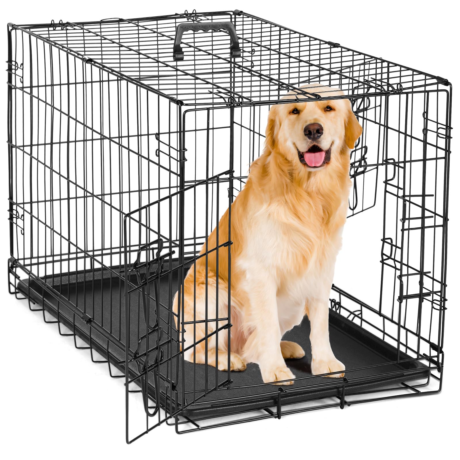 DUMOSDog Crate with Double Doors - Enhanced Metal Foldable Pet Cage with Divider Panel & Removable Tray, Portable Extra Large Kennel for Out Indoor with Handle, Black 48 Inch