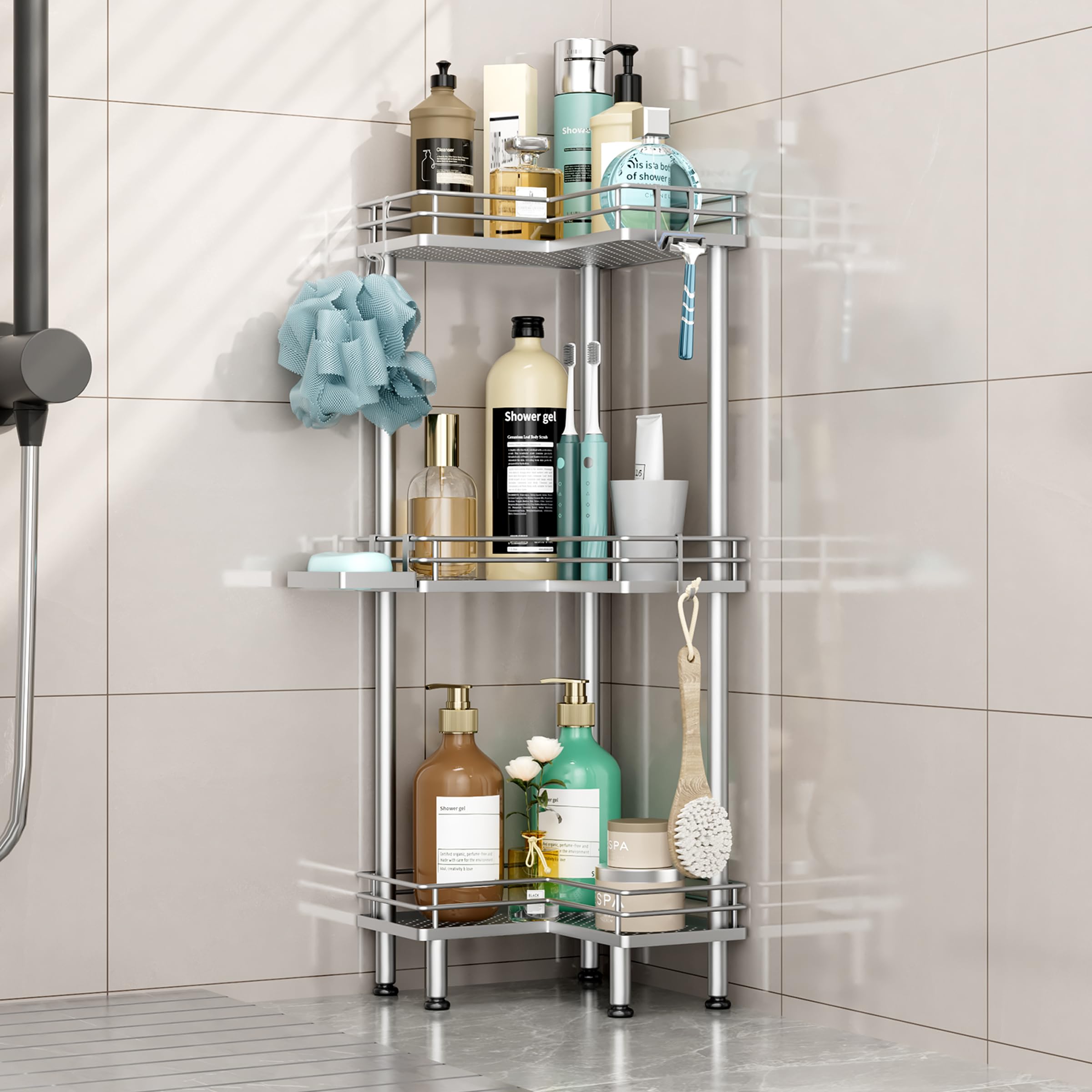HapiRm Standing Corner Shower Caddy - 3 Tier Shower Shelf Corner with Soap Holder Rustproof Bathroom Standing Organizer