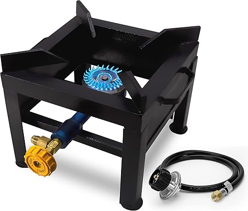 Estufa de gas propano de un solo quemador, quemador de gas portátil con manguera y regulador ajustable de 0 a 20 psi, estufa cuadrada de un solo