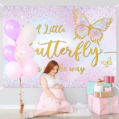 Miniatura 2 de Dandat Telón de fondo de mariposa para baby shower de 7 x 5 pies para niñas, una pequeña mariposa está en camino, decoraciones de baby shower, fondo