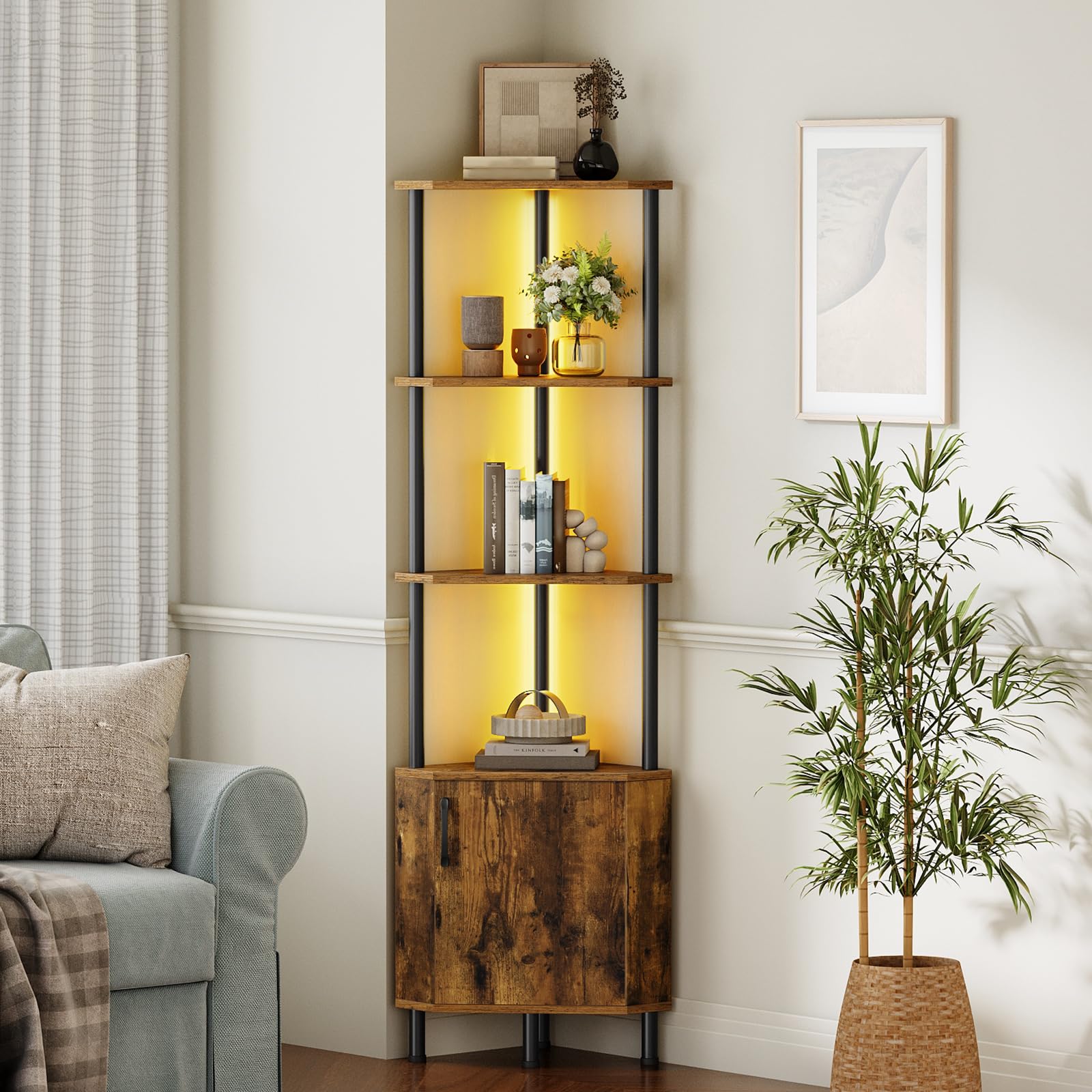 HOOBRO Libreria Verticale Angolare con LED e Mobile Contenitore, Scaffale Industriale da Esposizione, Pannelli a Motivo Diamante, per Soggiorno, Studio, Camera, Marrone Vintage e Nero EBF147DCJ01