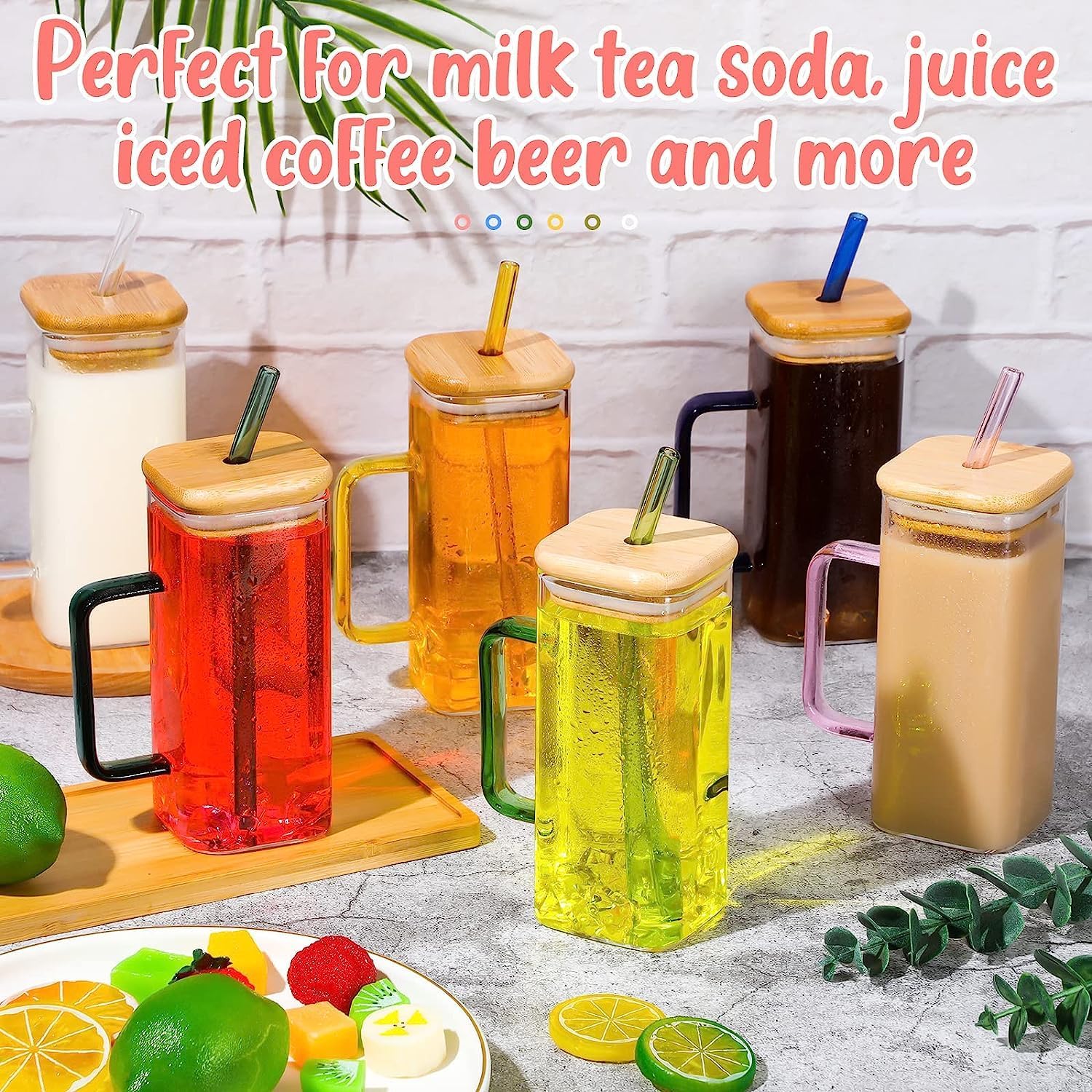 KELVEE Glass Cups with Lids and Straws, 2 Pack 400 ml Drinking Glasses Bamboo Lids and Glass Straws, Glass Mug with Colored Handle for Soda, Iced Coffee, Milk, Bubble Tea, Water, Juice