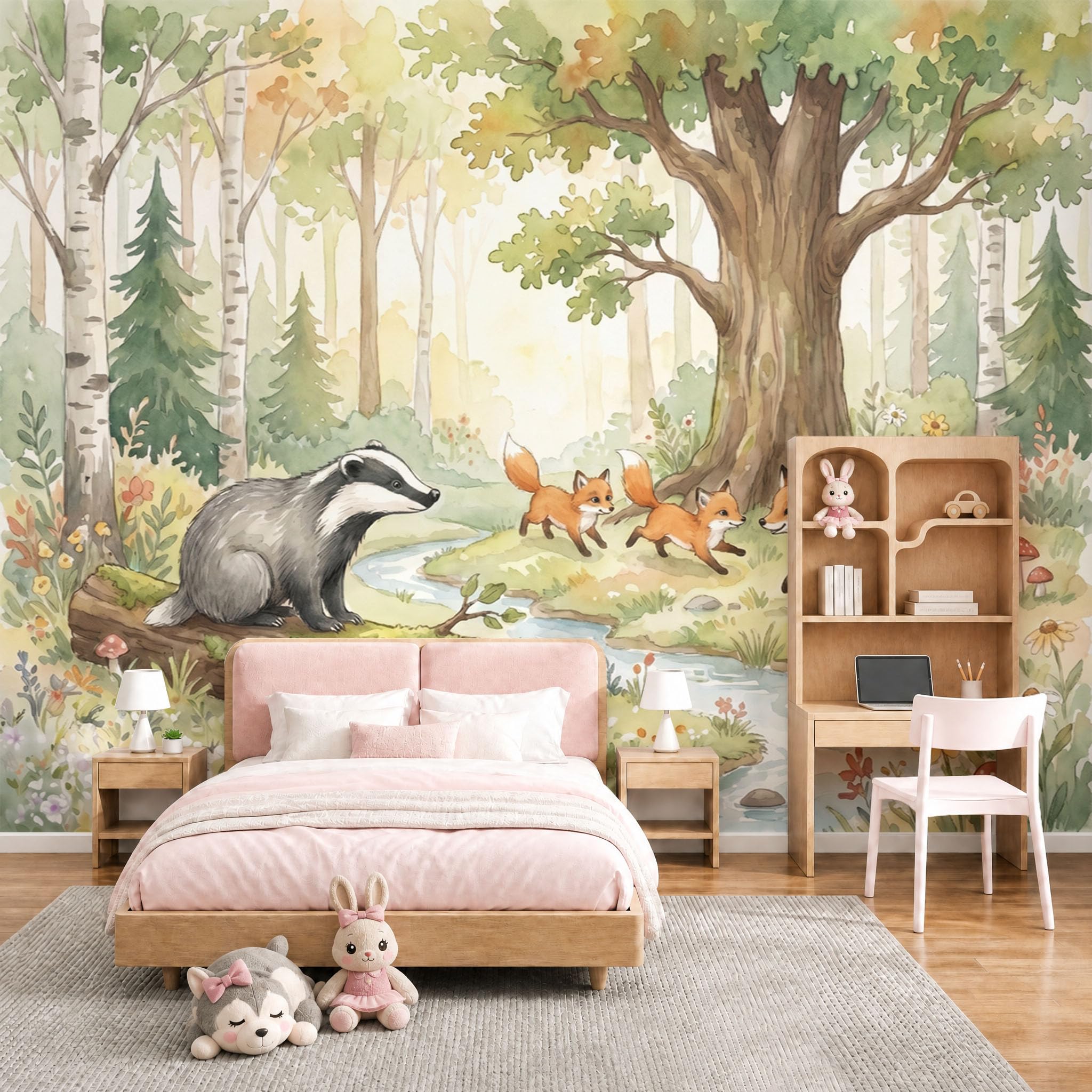 Papier peint toile de soie animaux aquarelle renards fresque murale 350x256cm salon