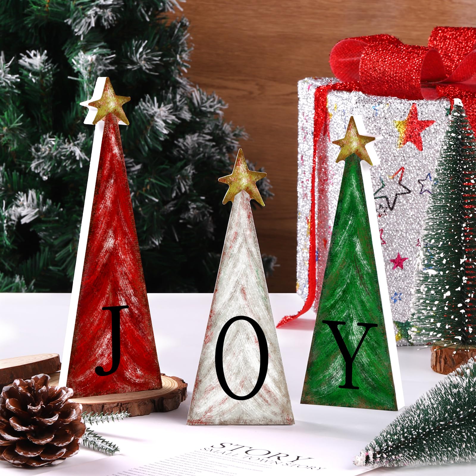 YUJUN 3 PCS Christmas Tree Wooden Decoration with Small Gold Stars Xmas Farmhouse Tiered Tray Standing Tree Accents Wood Tree JOY Signs for Christmas Winter Kitchen Home Tabletop Party Decor Supplies
