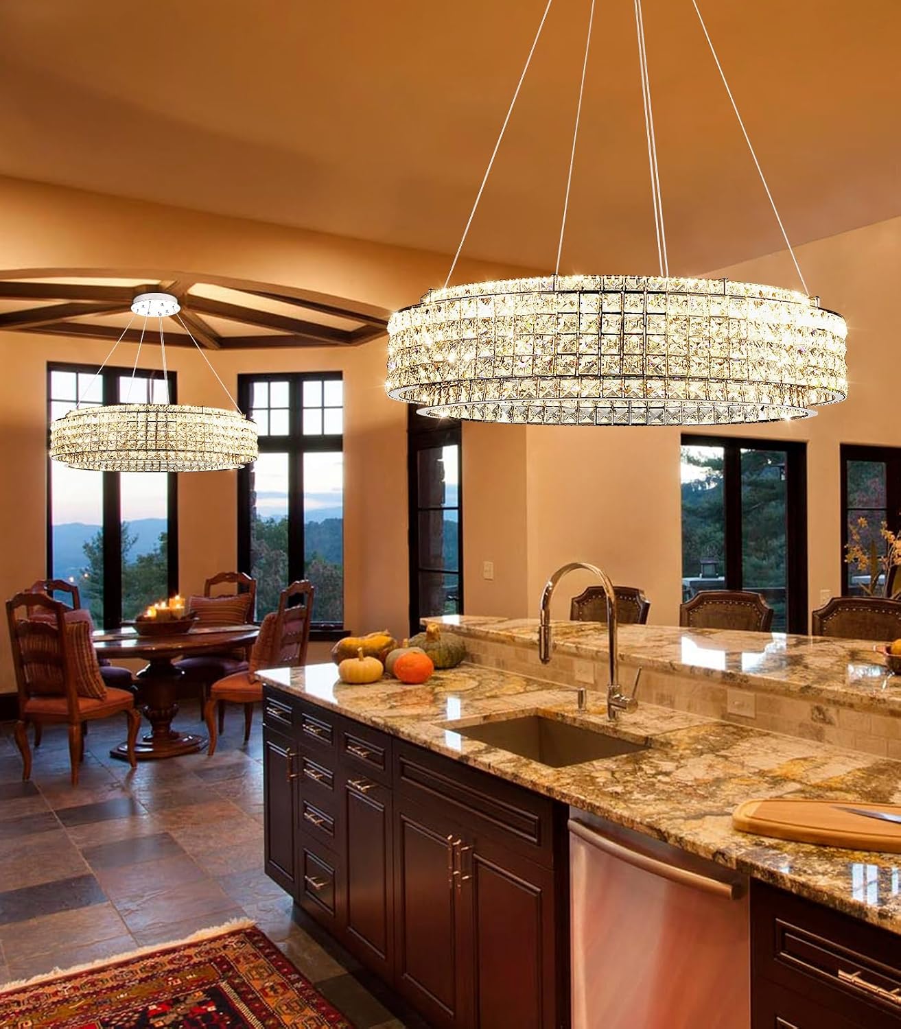 W32 Modern Chandeliers for Living Room LED Dimmable Pendant Lighting High Ceiling Chandelier for Dining Room Foyer Hallway Crystal Rectangle Light Fixtures Silver