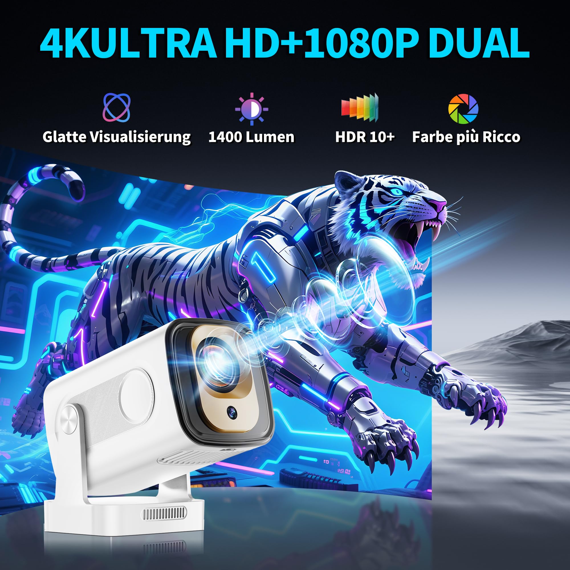 Mini proiettore 4K 1080P Bluetooth5.2 WiFi 6 con proiettore Android 11 4k home cinema 180° girevole Proyector con HDMI per Android/PC/HDMI/USB, bianco