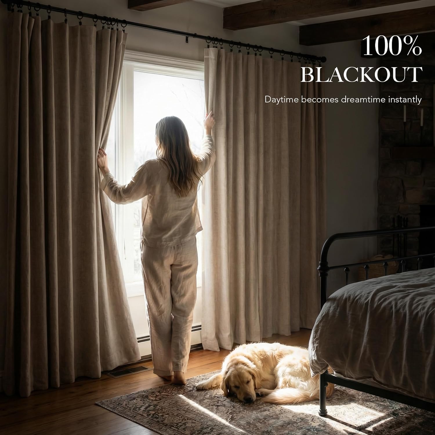 RYB HOME Linen Textured 100% Blackout Curtains for Bedroom, Insulating Energy Saving Window Curtains for Living Room Dining Patio Sliding Glass Door, Wide 52 x Long 90 inch, Burlap, 2 Panels