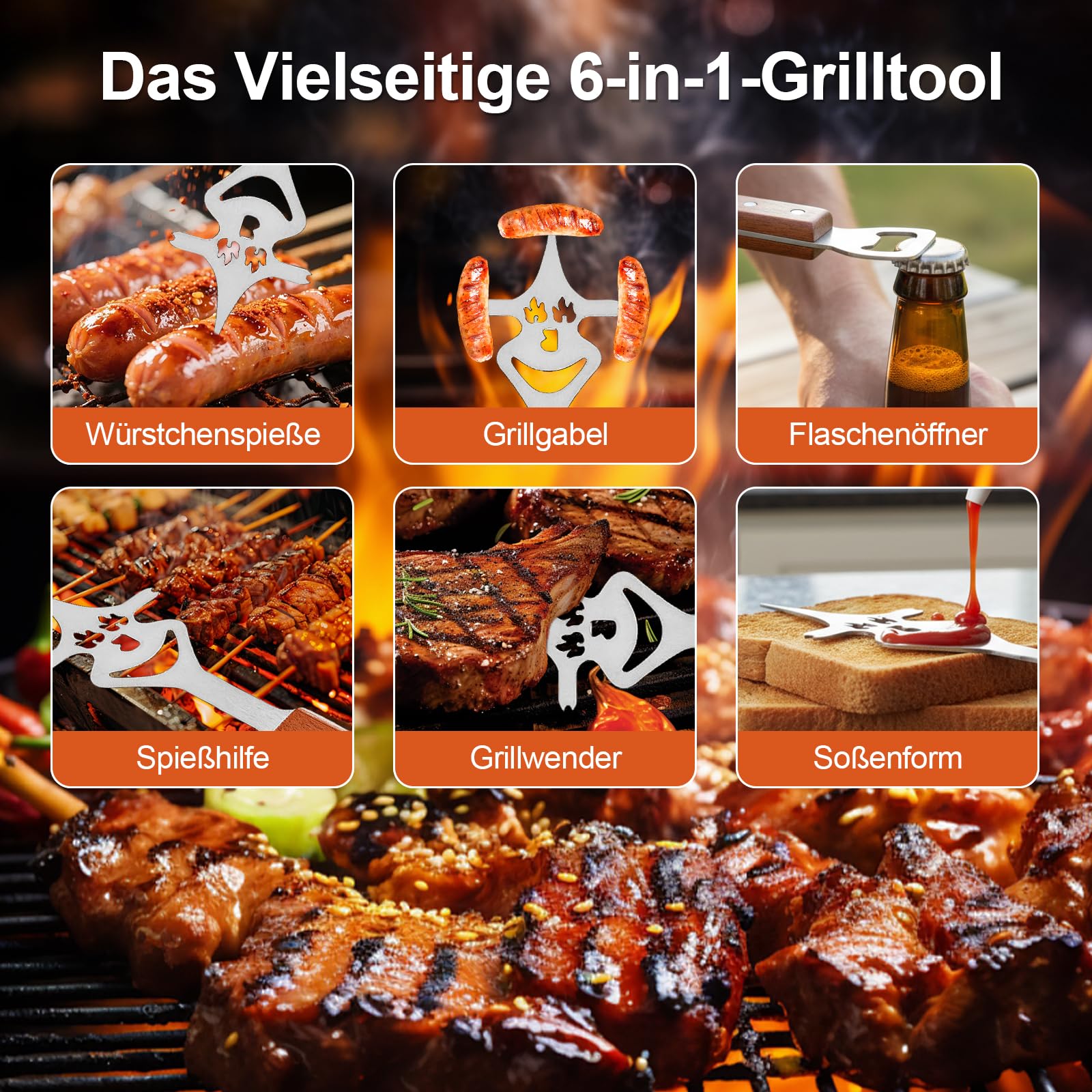 Grillbesteck Set 3-TLG, 8 in 1 BBQ Grillspachtel mit Holzgriff, EdelstahI, 42 * 9.5cm Einzigartige Grillwerkzeuge, Multifunktionales Grill Zubehör, Professional Grill Geschenke für männer