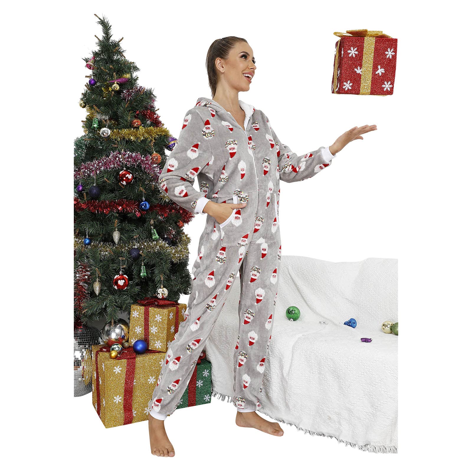 Generisch Mono de Navidad para mujer, mono de forro polar, pijama de manga larga, sudaderas con capucha, pijama, pijama de una pieza, térmico, ropa de dormir, ropa de noche, traje de casa de Navidad