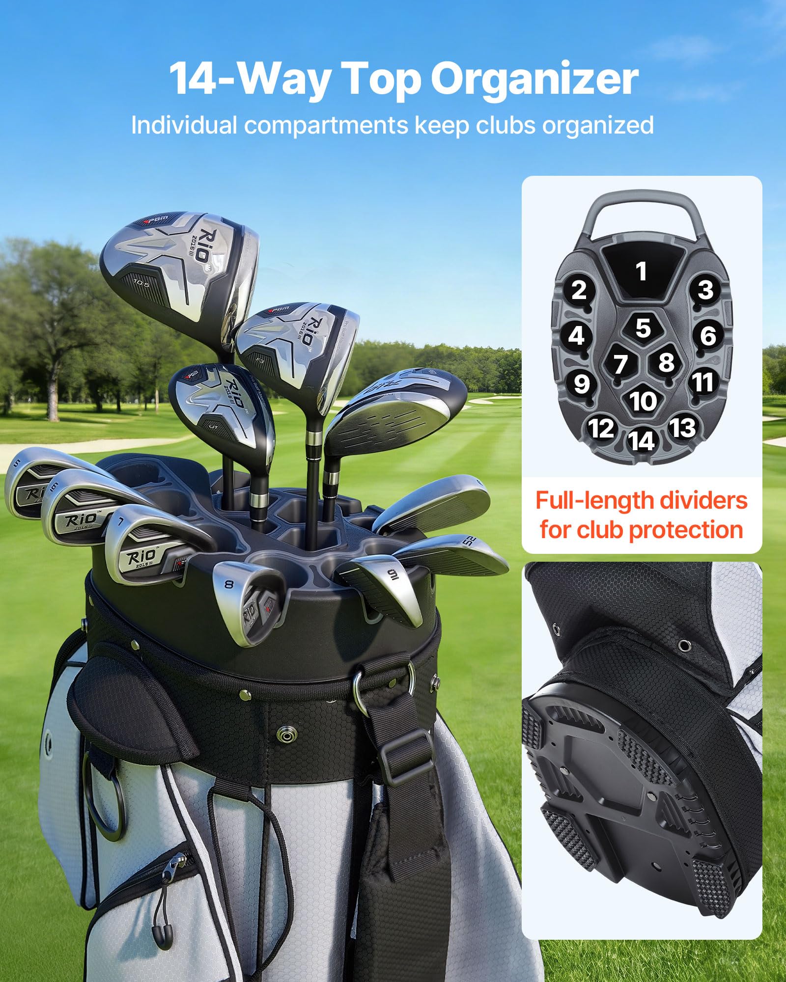 VEVOR Golftasche mit 14-fache Durchgehenden Schlägerfächern Tragegriffen Stautaschen Schultergurt Regenschutzhaube Leichtgängigen Reißverschlüssen Golfbag aus Strapazierfähigem 500D Polyester