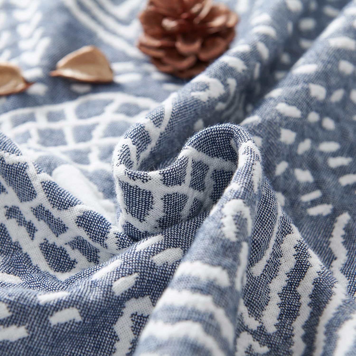 JINCHAN Boho 100% Cotton Muslin Blanket 3-Layer Twin Size Geometric Lightweight Reversible Soft Cozy Throw for Couch Sofa Bed All Season Coverlet Ideal Gift Bedroom Living Room Decor Blue 60x80 Inches - Image 4