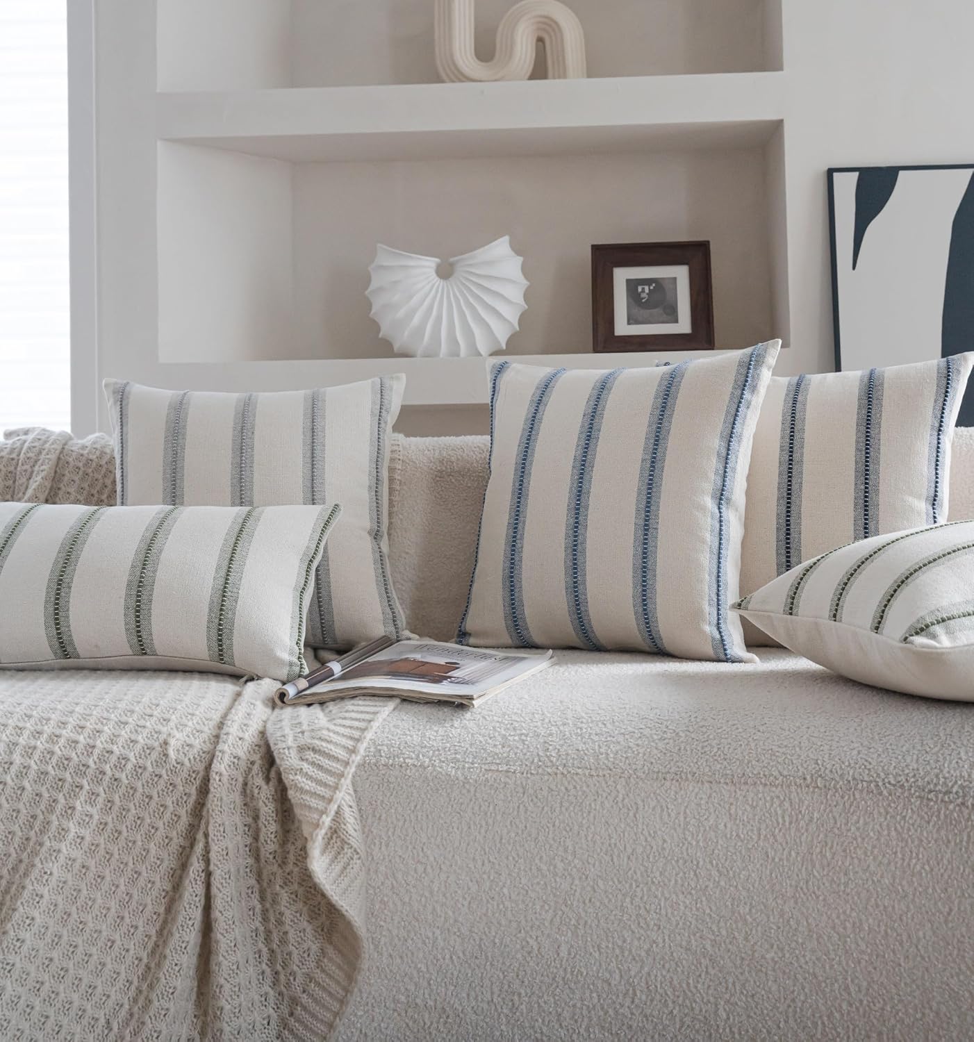 Boho Throw Pillow Covers 20x20 Set of 2, Beige and Blue Striped Decorative Pillow Cases for Couch Chair Bed, Textured Farmhouse Accent Cushion Covers for Living Room Bedroom Sofa Home Decor - Image 7