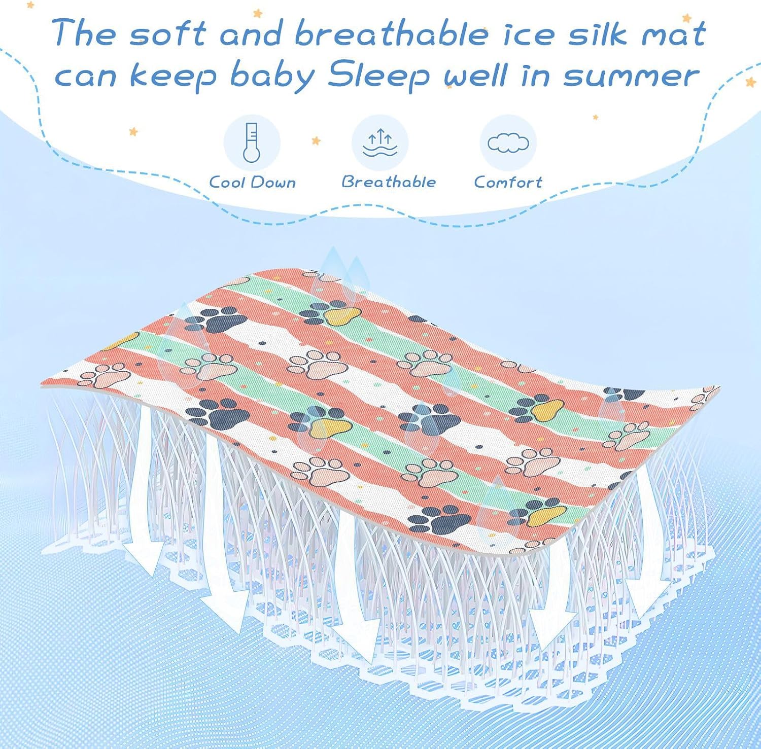 Baby Cooling Mat Paw Print Stripes Ice Silk Breathable Mesh Summer Crib Mattress Pad with Pillowcase, Soft Cooling Sleeping Surface for Infant & Toddler, 52"x28"