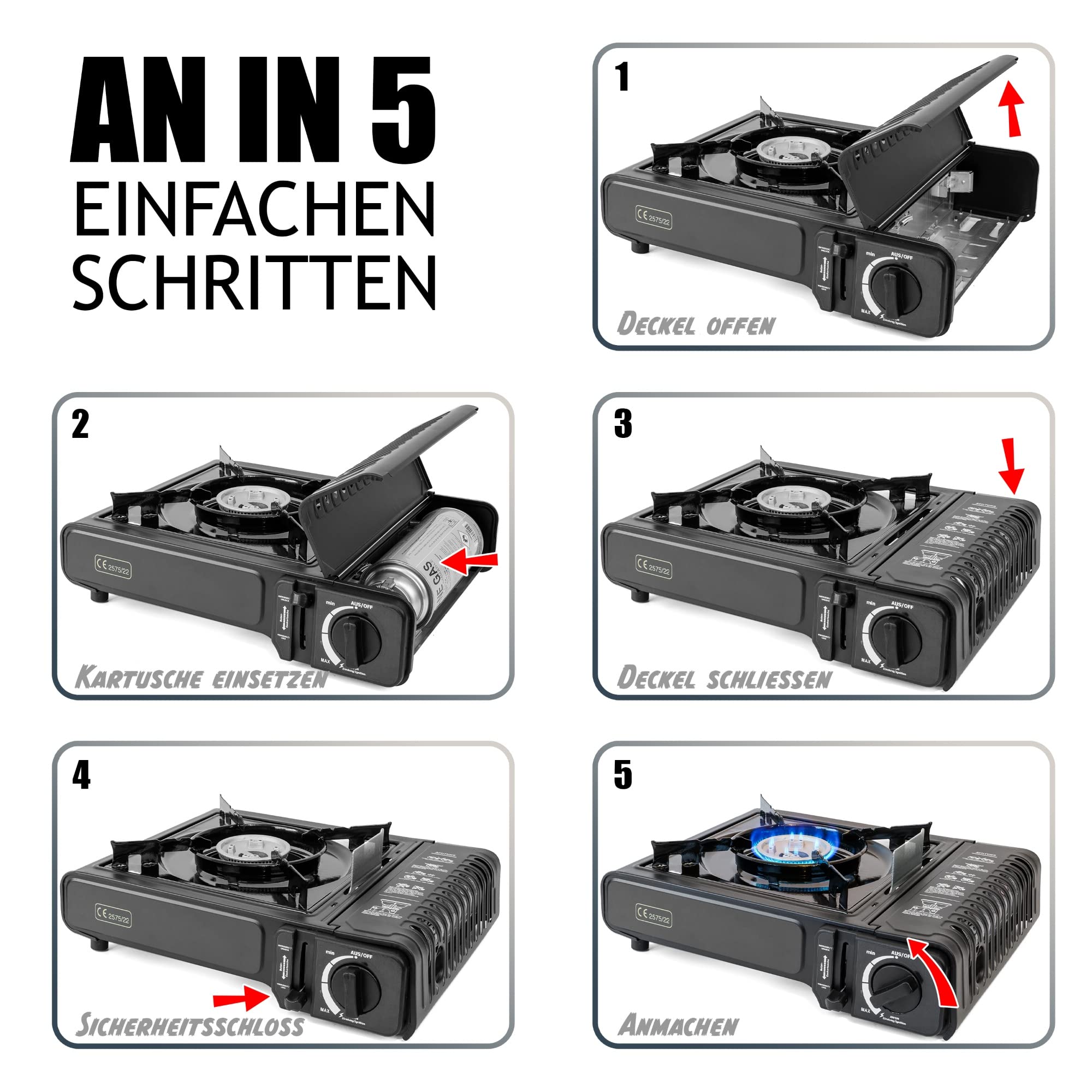 Greenpoint Campingkocher mit 8 Gaskartuschen im Tragekoffer - Gas Stove