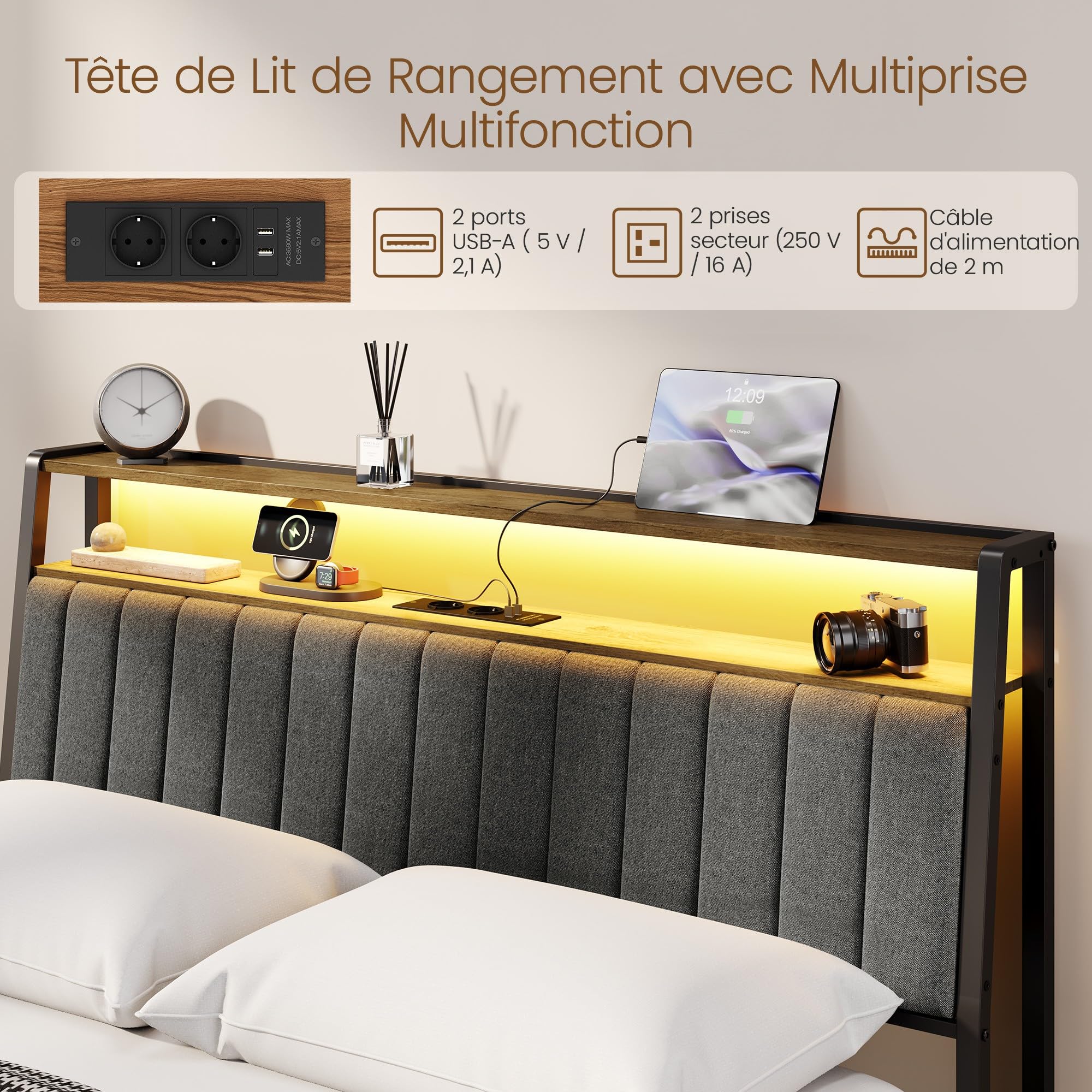 Yaheetech Cadre de Lit 140x200cm avec LED et Station de Charge Marron/Gris