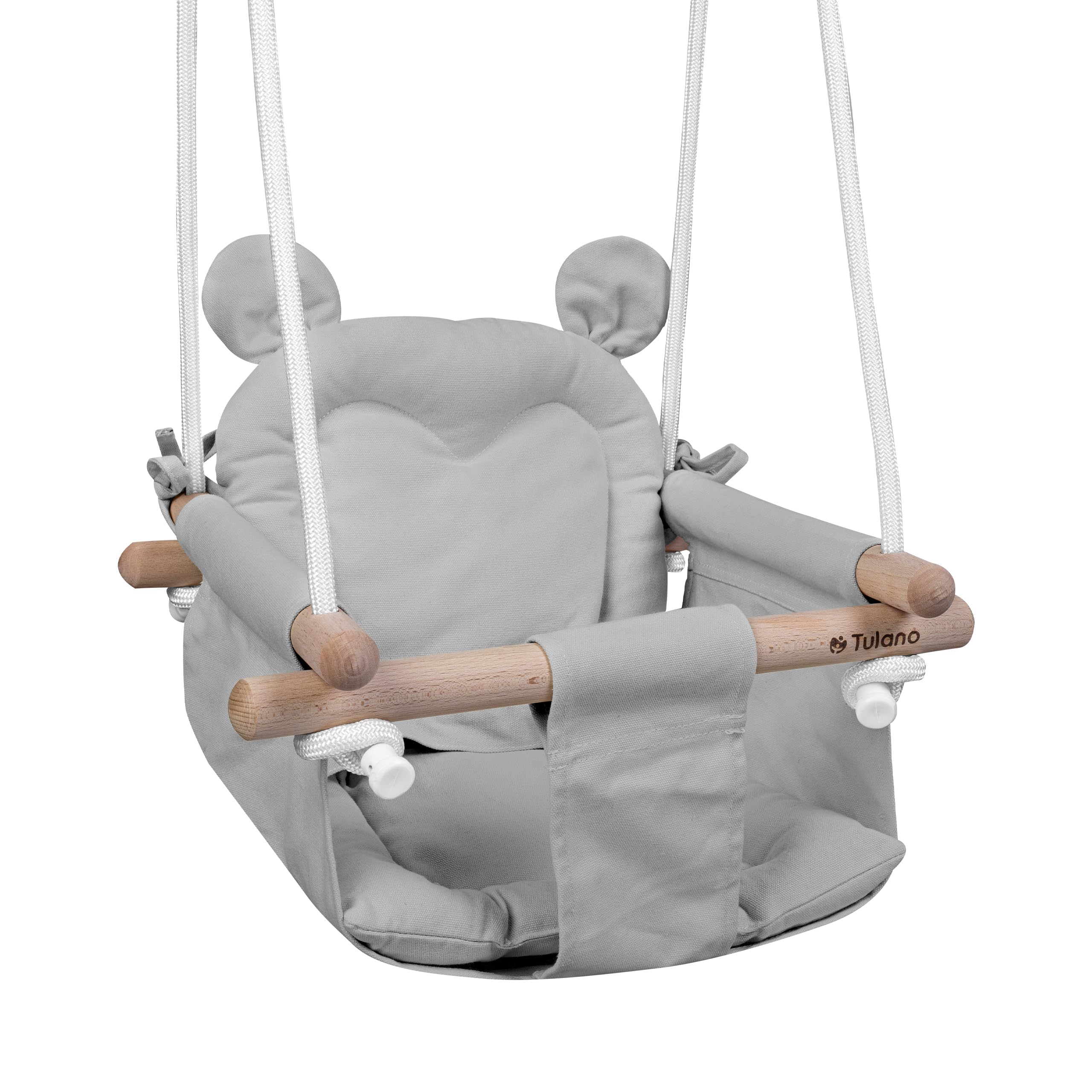 Tulano Hop 30 Altalena per bambini 6-36 mesi - Per interno ed esterno - Con cintura di sicurezza e cuscino - In legno e cotone - Facile da installare - Resistente fino a 36 kg – Grigio