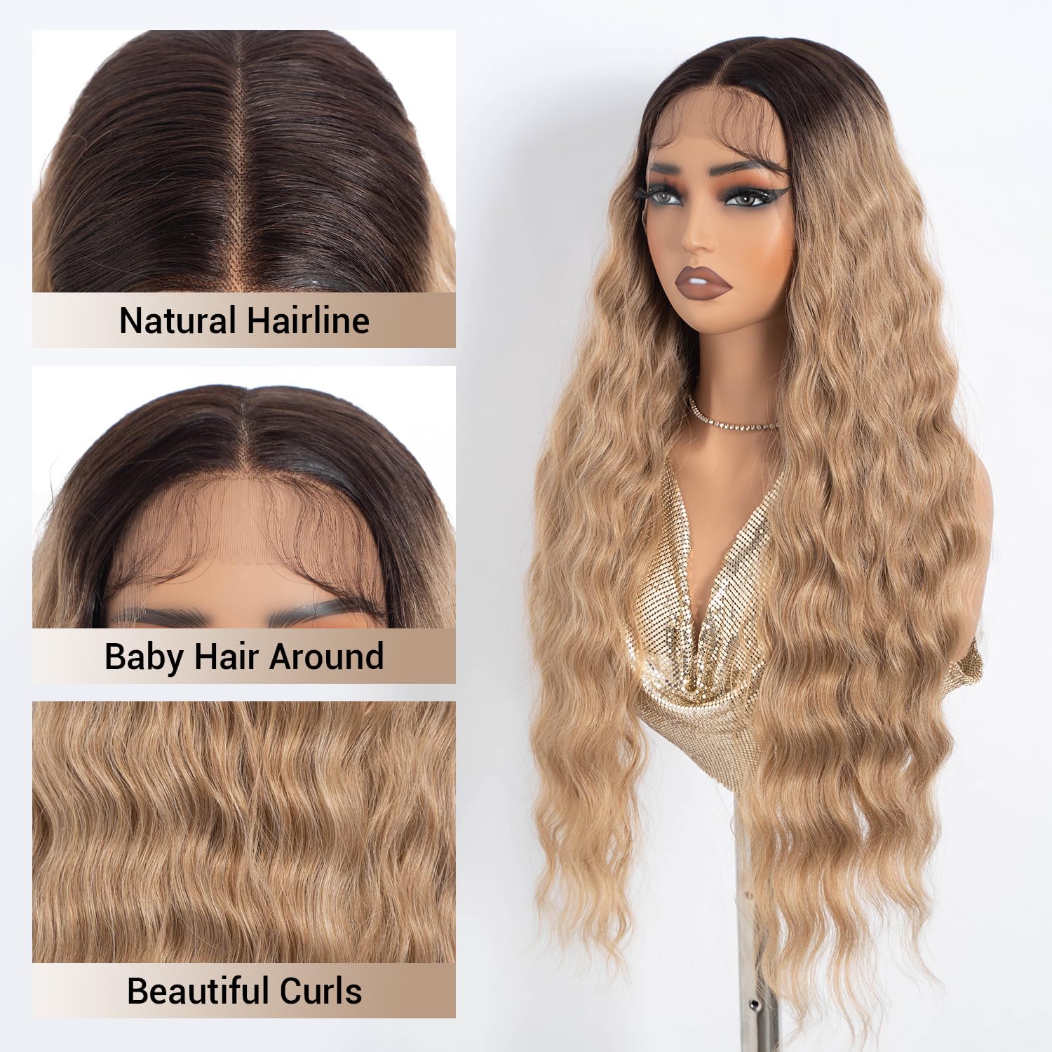 NOBLE Ombre Brown Lace Wig for Women Long Wavy Lace Front Wig 30-Inch Middle Part Natural Hairline Synthetic Lace Wavy Curly Heat Resistant Fiber Wigs - Image 2