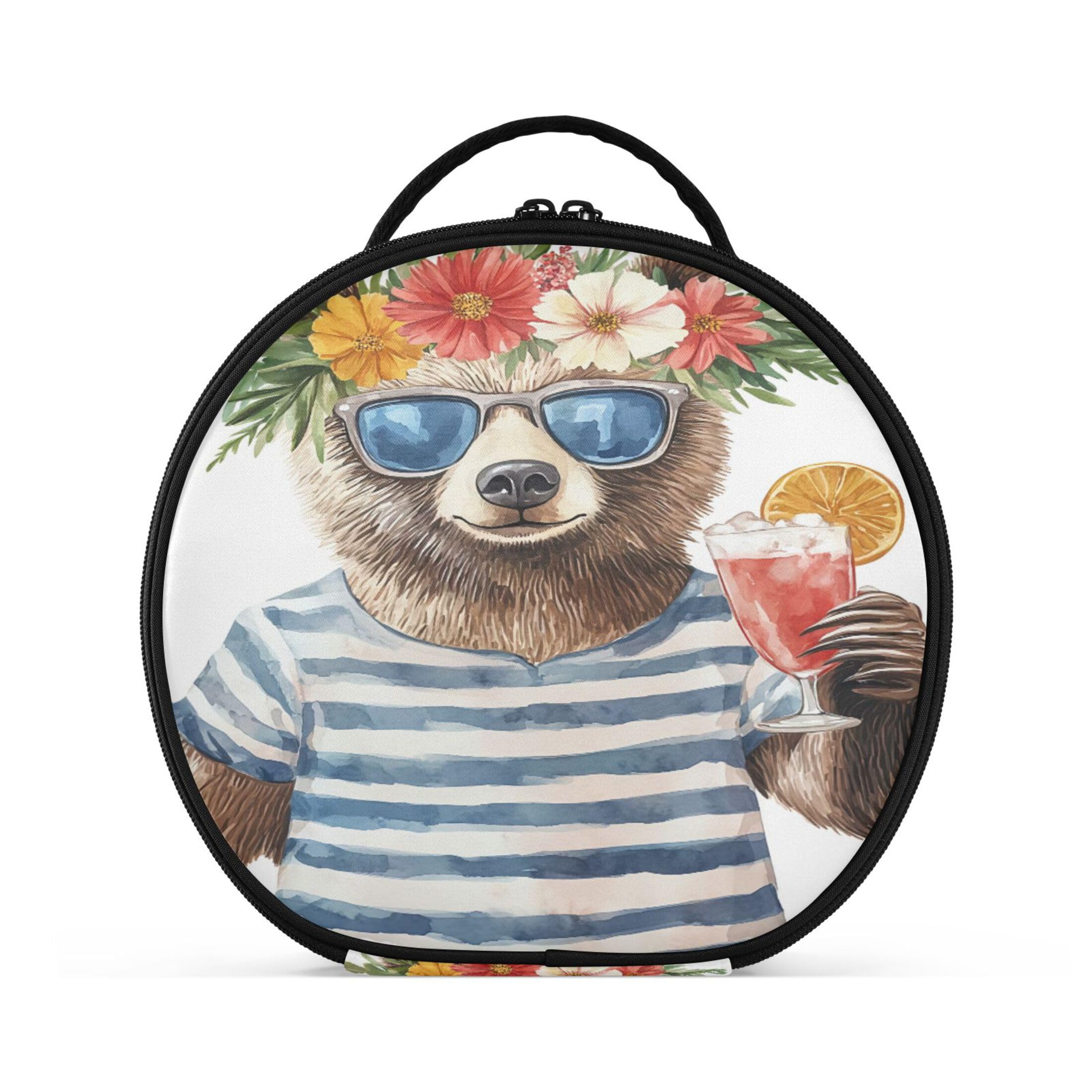 Takiito Bear Wearing Sunglasses Flower Wreath Travel Makeup Case Portable Makeup Box Artist Cosmetic Case Organizer With Adjustable Dividers