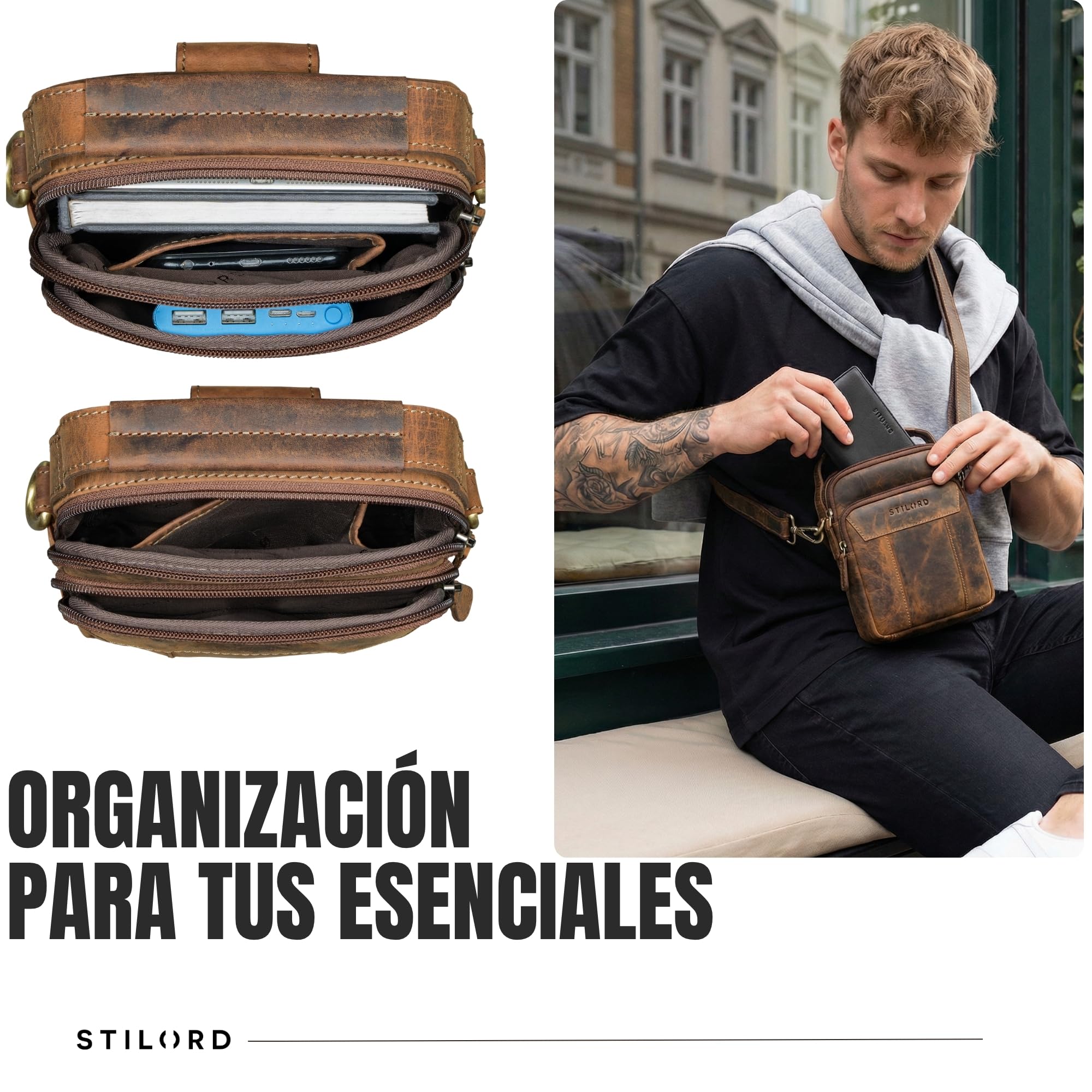 STILORD Nomad Bolso bandolera de piel para hombre pequeño, bolso de hombro, bolso cruzado de piel auténtica, negro