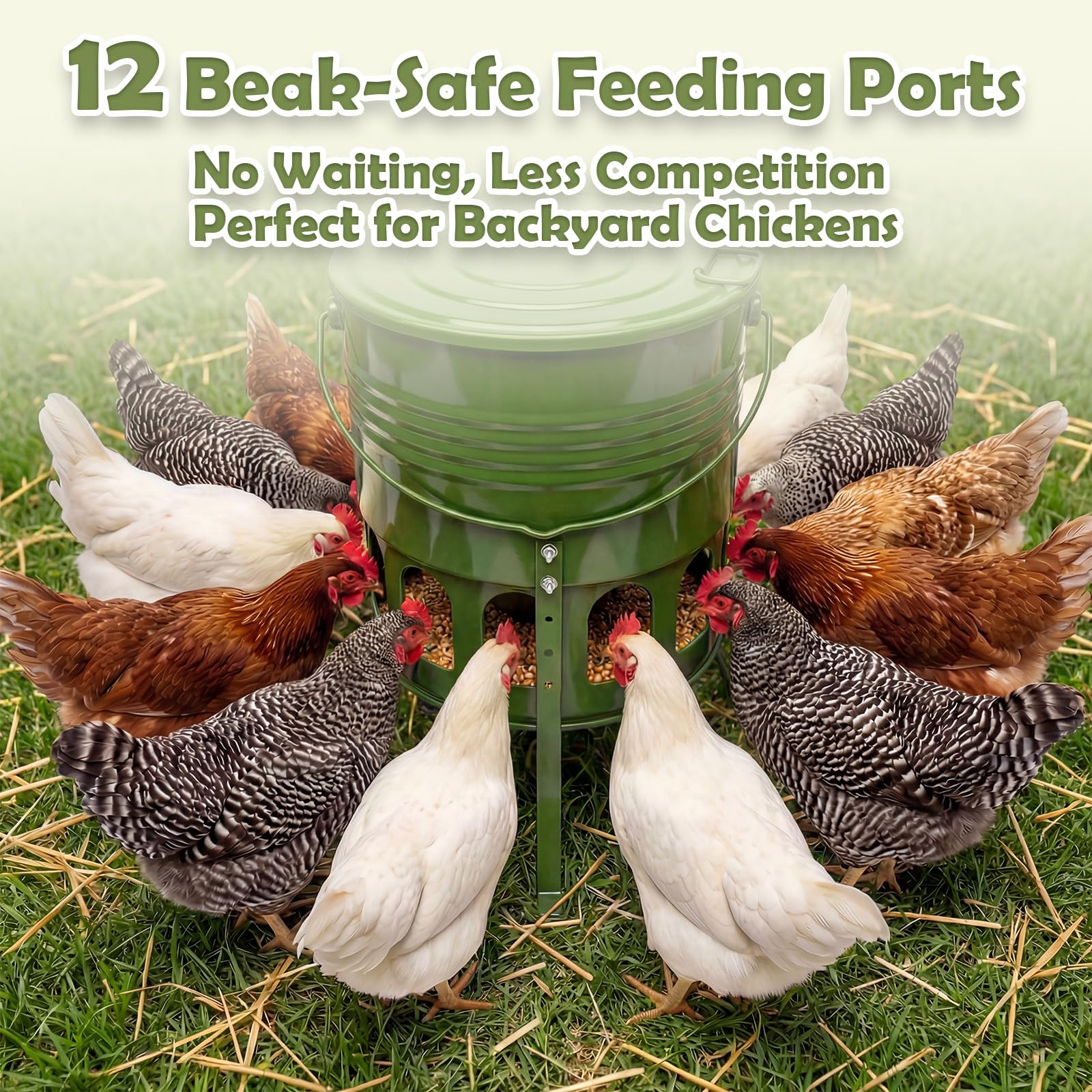 Comedero automático grande para pollos sin desperdicios, comederos colgantes de pollo de 20 libras con 12 puertos y 3 alturas ajustables, soporte de trípode de metal, comedero impermeable para aves de