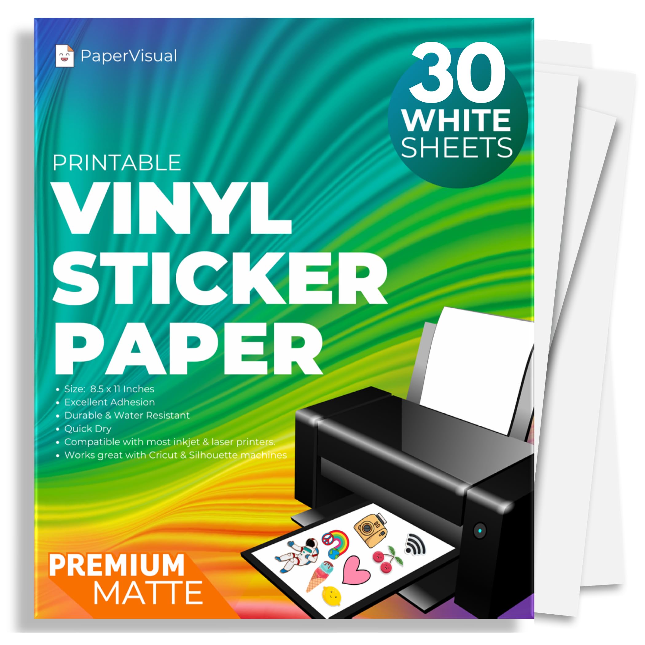 Premium Printable Vinyl Sticker Paper for Inkjet and Laser Printer - 30 White Matte Sticker Paper Waterproof - Excellent Adhesion Paper 8.5 x 11, Fast Dry, Holds Ink Well, Great for Cutting Machines