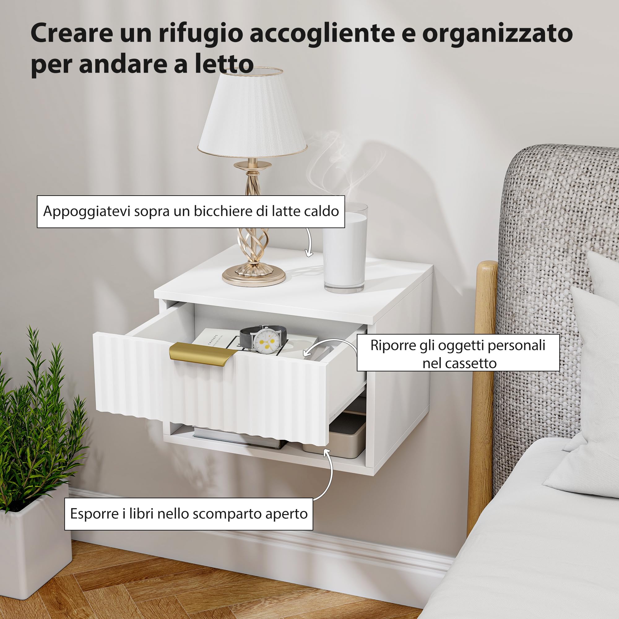 HOMCOM Set di 2 Comodini Camera da Letto Sospesi, 40x34x29 cm Bianco | Pannelli Scanalati, Coppia di Comodini Moderni, Cassetto e Ripiano