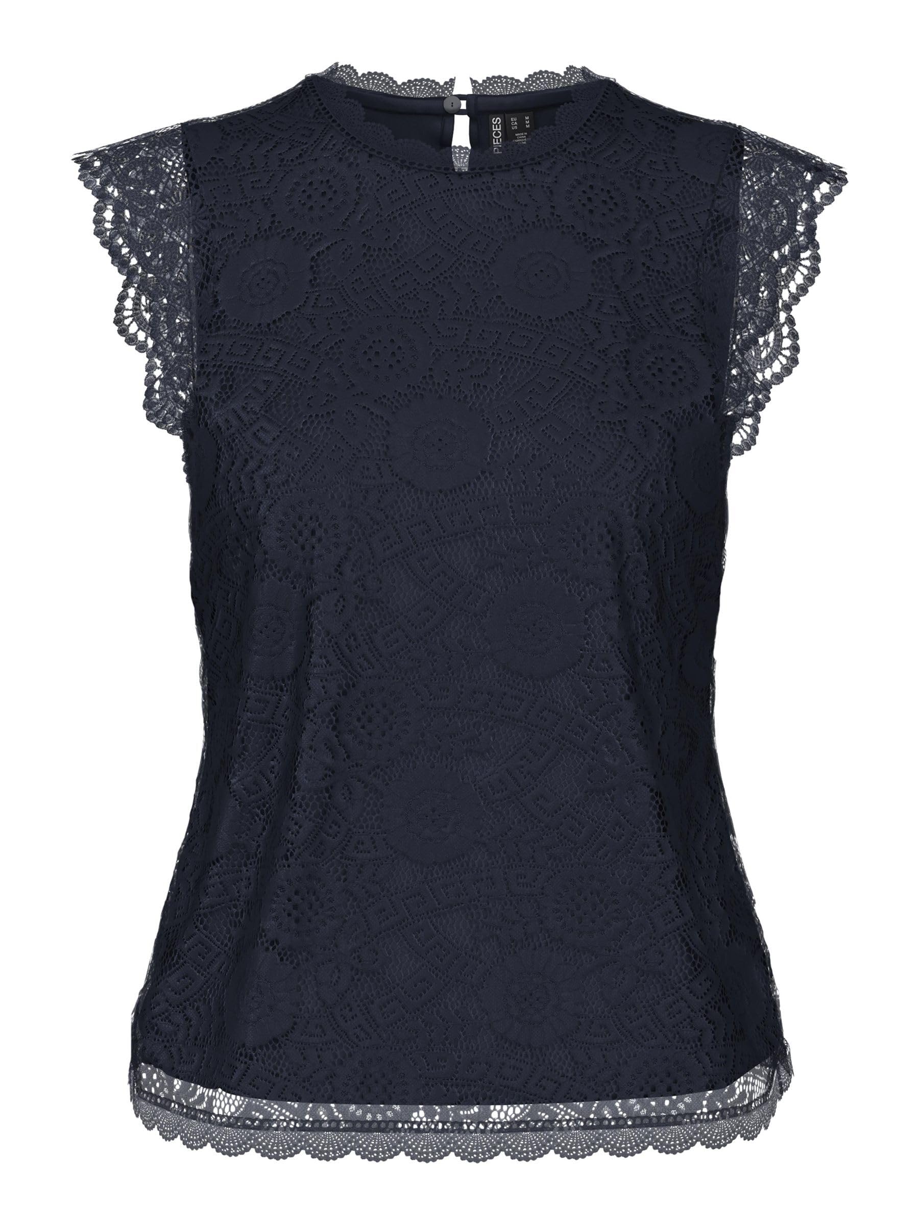 PIECES Women's Pcolline SL Lace Top Noos Blouse Shirt, Sky Captain, Large