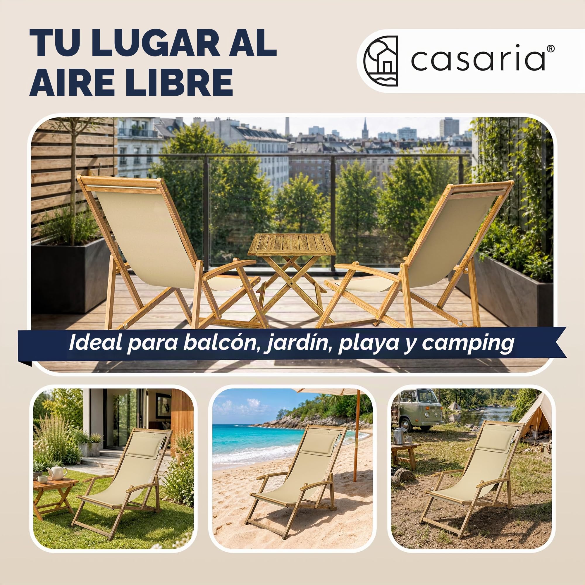 CASARIA® Tumbona Silla de Madera de Acacia Plegable 3 Posiciones Carga 160KG 94x94x60cm Sillas Jardín Playa Transpirable Hamaca Mueble Camping Exterior Beige Reposabrazos