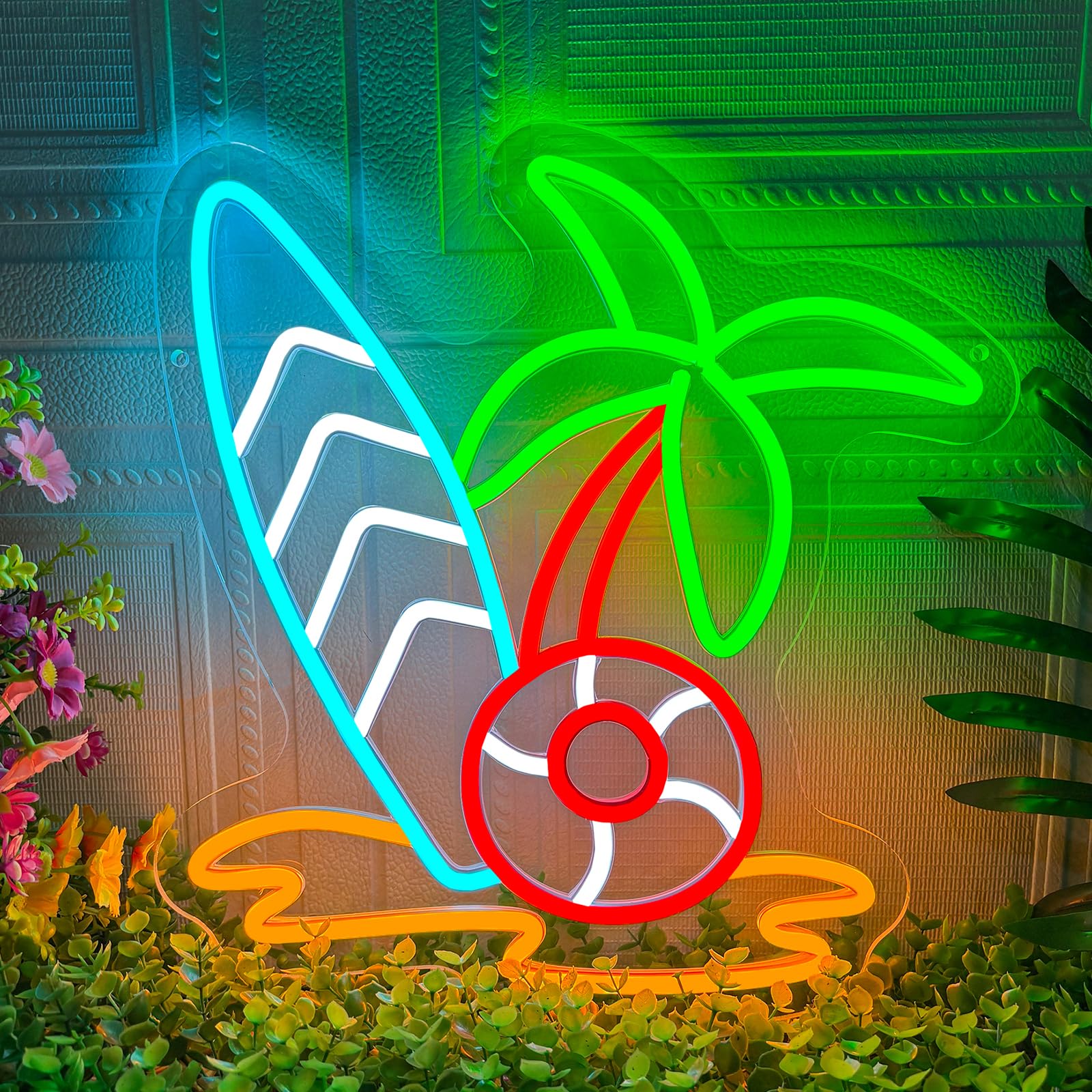 Beach Surfing Neon Sign, Tropical Summer Palm Tree Surfboard LED Neon Light, Colorful Beach Wave Wall Art Decor, USB Dimmable Neon Sign for Bedroom Tiki Bar Pool Party Beach House Holiday Decor
