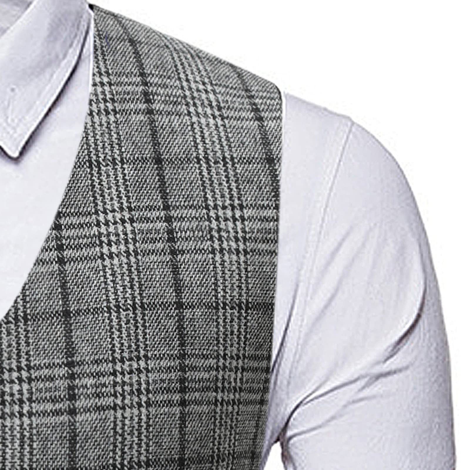 SHACE Herren Anzugweste - Plaid Herringbone Tweed V-Ausschnitt Einreiher Anzug Weste Herren Business Gentleman Weste Party Hochzeit Prom Smoking Weste Grau S