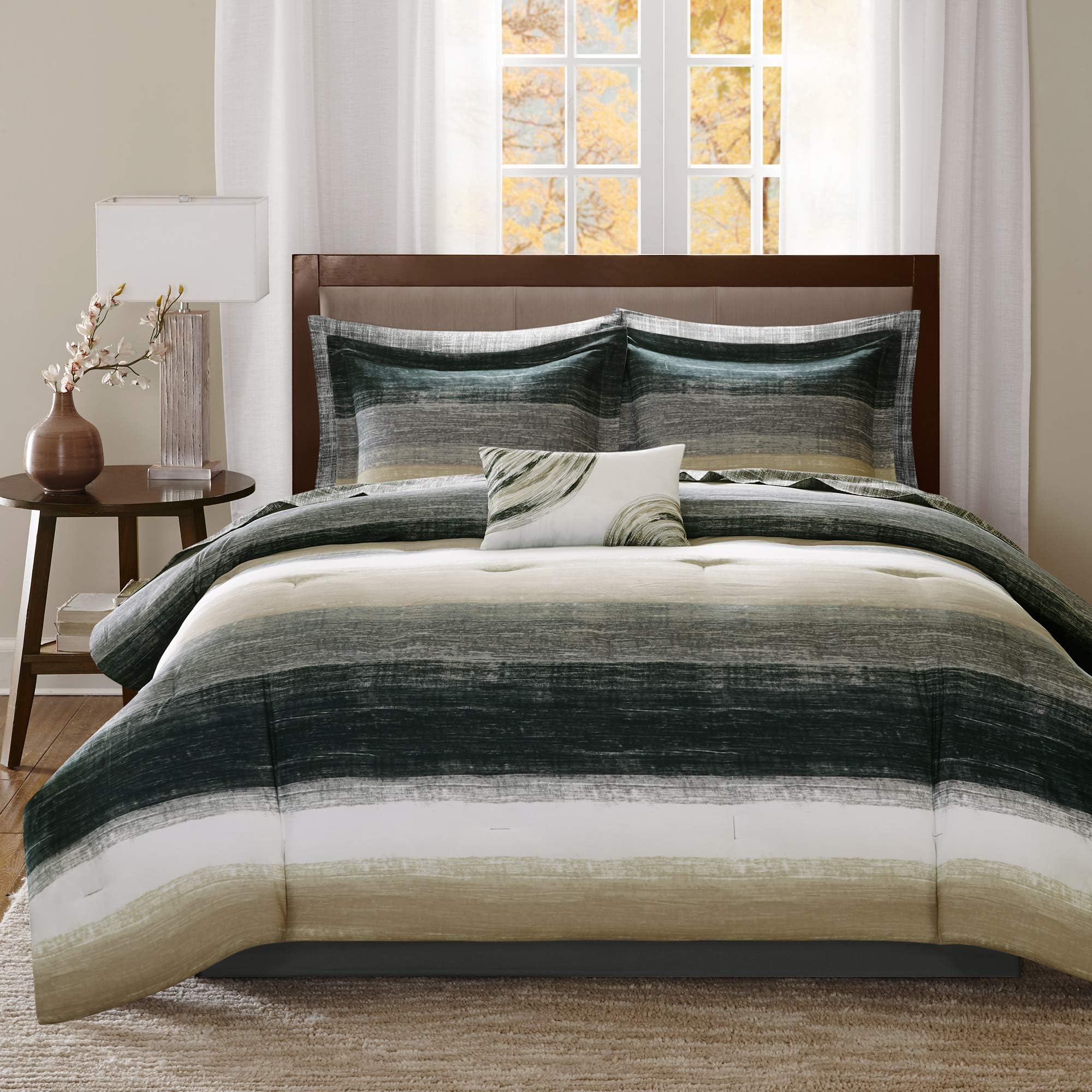 Madison ParkEssentials Queen Comforter Set, Bed in a Bag Queen, Watercolor Print Coastal Comforter & Chambray Cotton Sheet Set, All Season Bedding Set, Saben, Taupe Queen (90 in x 90 in) 9 PieceOEKO-TEX STANDARD 100