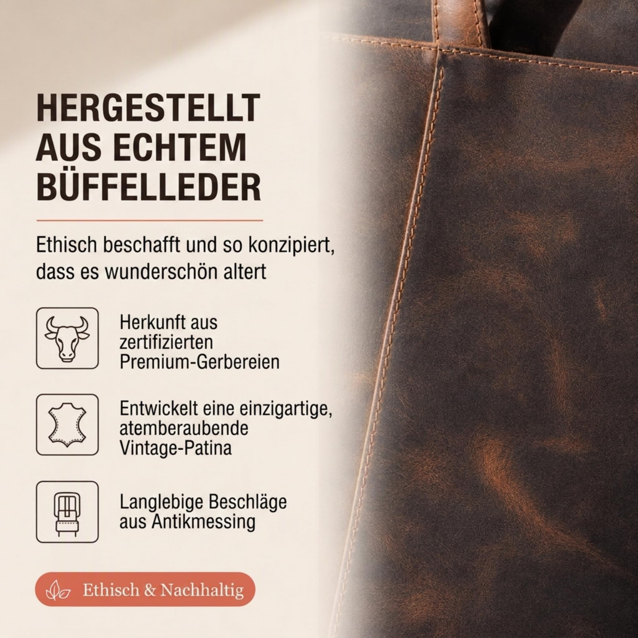 moonster Handtasche Damen Tote Bag 100% Naturleder – Langlebige Tasche Damen aus Büffelleder – Leder Shopper Damen Groß mit Polybaumwollfutter & Messingbeschlägen – Ledertasche Damen-Shopper