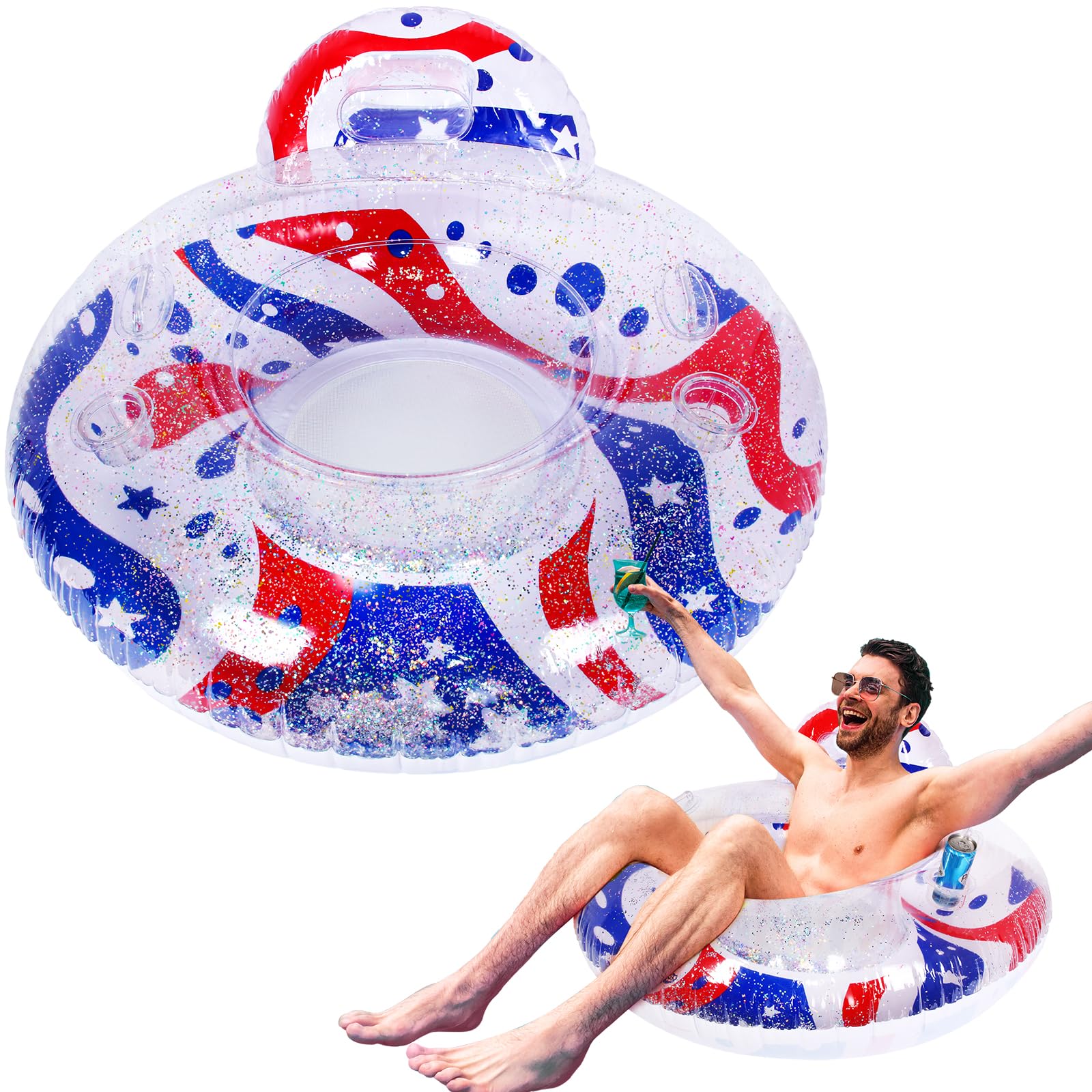 Lewtemi 53 Inch Patriotic Inflatable Glitter Pool Float Chair with Cup Holder River Tube Pool Floats Water Lounger 4th of July Swimming Pool Water Chair for Summer Pool Beach Lake River Junior Adult