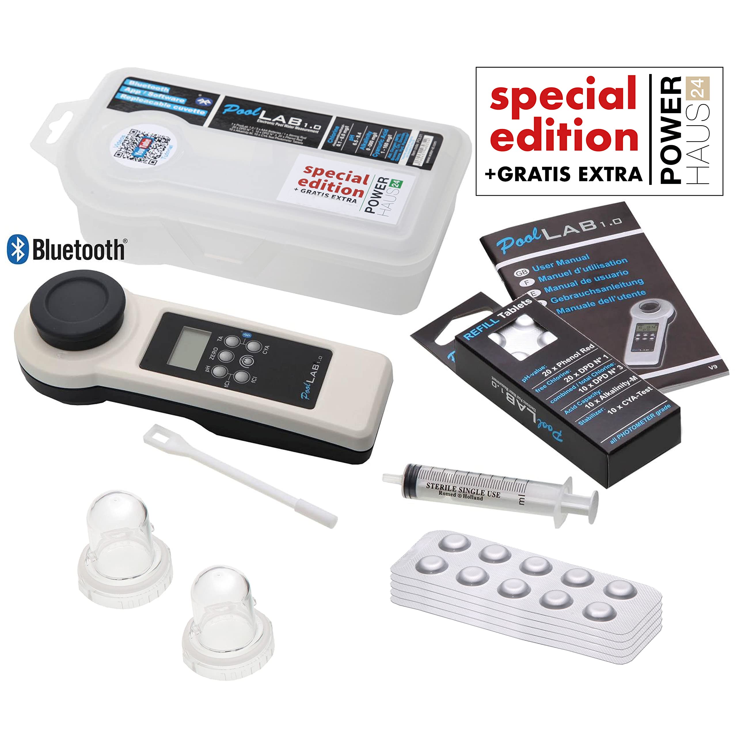 POWERHAUS24 Special Edition: 13 in 1 PoolLAB® 1.0 elektronischer Wassertester mit 70 Testtabletten inkl. Ersatzküvette